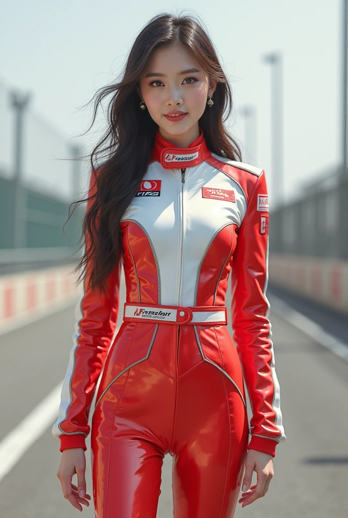 （8k、Raw photography、Highest quality、masterpiece：1.2),(Black Hair、Dark Eyes:1.9),(Red Racing Suit:1.6)、View your viewers,Front view,White skin,(:1.4)、(Tight waist:1.6)、(Clothes that accentuate the shape of the breasts:1.0)、(Big Breasts :1.3)、Slim figure、Ultra-high resolution,beautiful,beautiful fece,(One person、No background:1.9),whole bodyボディー,Japanese women,（reality的：1.37）、Photon Mapping,reality、(Baby-faced and cute: 1.4)、(Cute Smile: 1.8)、(Round face: 1.8)、Radio City、Physically Based Rendering、Depth of field rally background、photograph, (I can see your knees、Thigh close-up:1.8),（:1.6）,whole body、Great quality