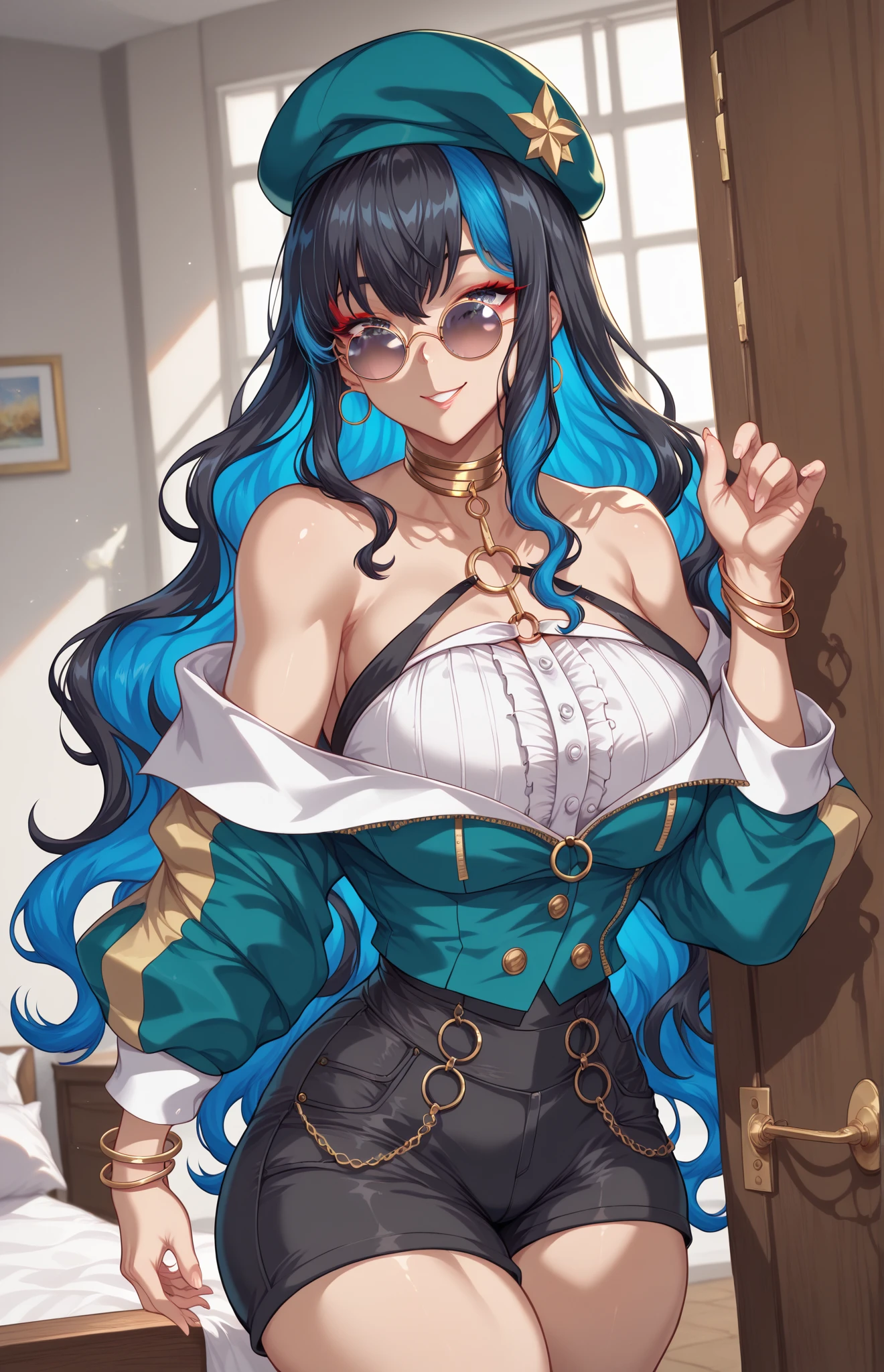 masterpiece, best quality, 1 solo girl, black hair, blue eyes, long hair, medium breasts, sexy body and face, wavy hair, smile, sleeveless shirt, scarf, black thigh-high, mini skirt, pendant, bracelet, jewelry, earrings, feather hair ornament, book, lying at the bed, night, sexy pose, cowboy shots, detailed body, face, and eyes, sharp focus, vibrant, creative, dynamic, high definition, high resolution, 8k, (Upscale: R-ESRGAN 4x+ Anime6mage enchance:4x), voluptuous body, cinema lightning, dakimakura style, looking at the viewer,