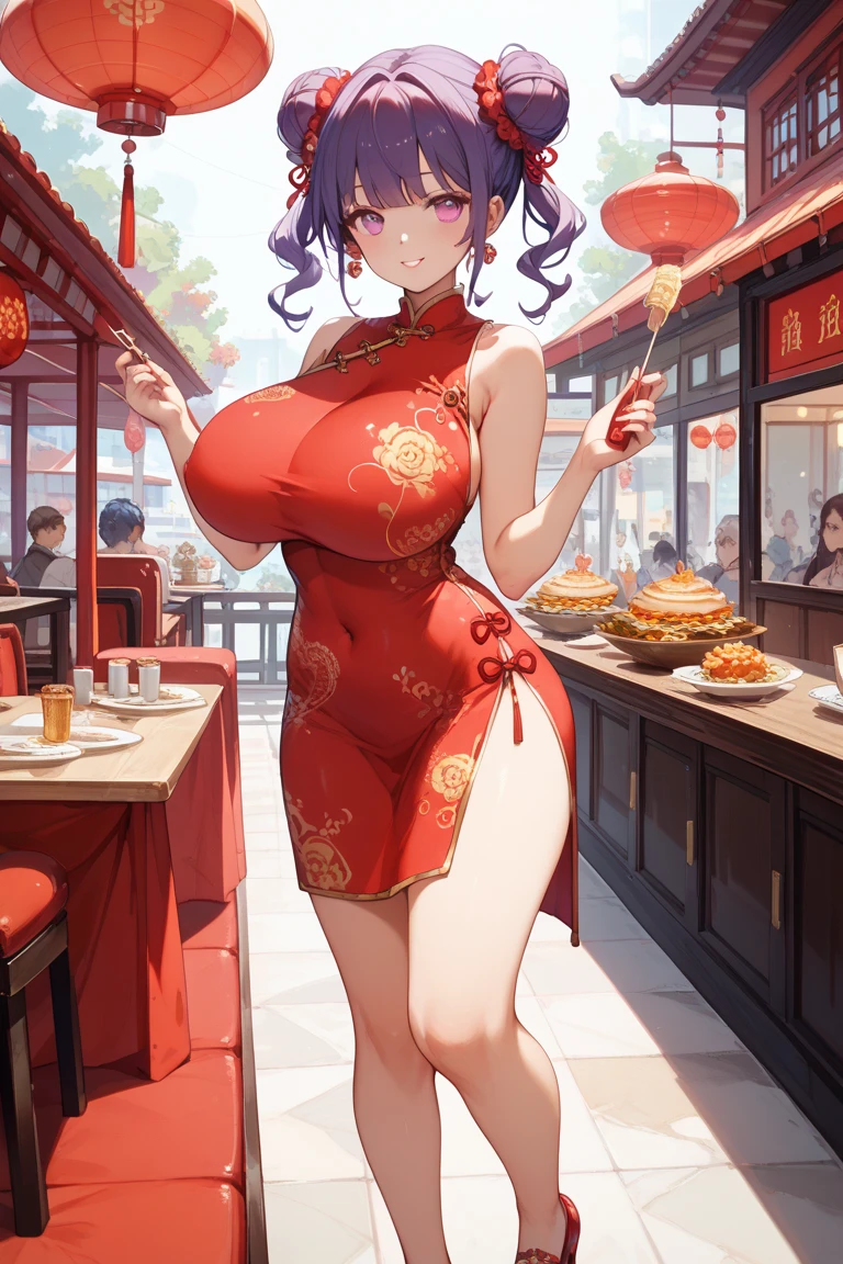 ((high reasterpiece), perfect anatomy, perfect shading, field of depth, (best quality), extremely delicate and beautiful, perfect lighting, detailed face, ultra cute face, cute, (cowboy shot 1.2), looking at viewer, full body, ((1girl)), ((solo)),
short hair, fluffy hair, brown hair, hair decoration, green eye, ((blush)), nervous ((red chinese split dress 1.2)), extremely tight dress, (short dress), thigh highs, medium breasts, cleavage, perky breasts, (((wide hips))), ((thick thighs)), (chubby), chubby belly, fat rolls, belly hang,
street, town, chinese festival, night time, intricate background, detailed background, standing,
