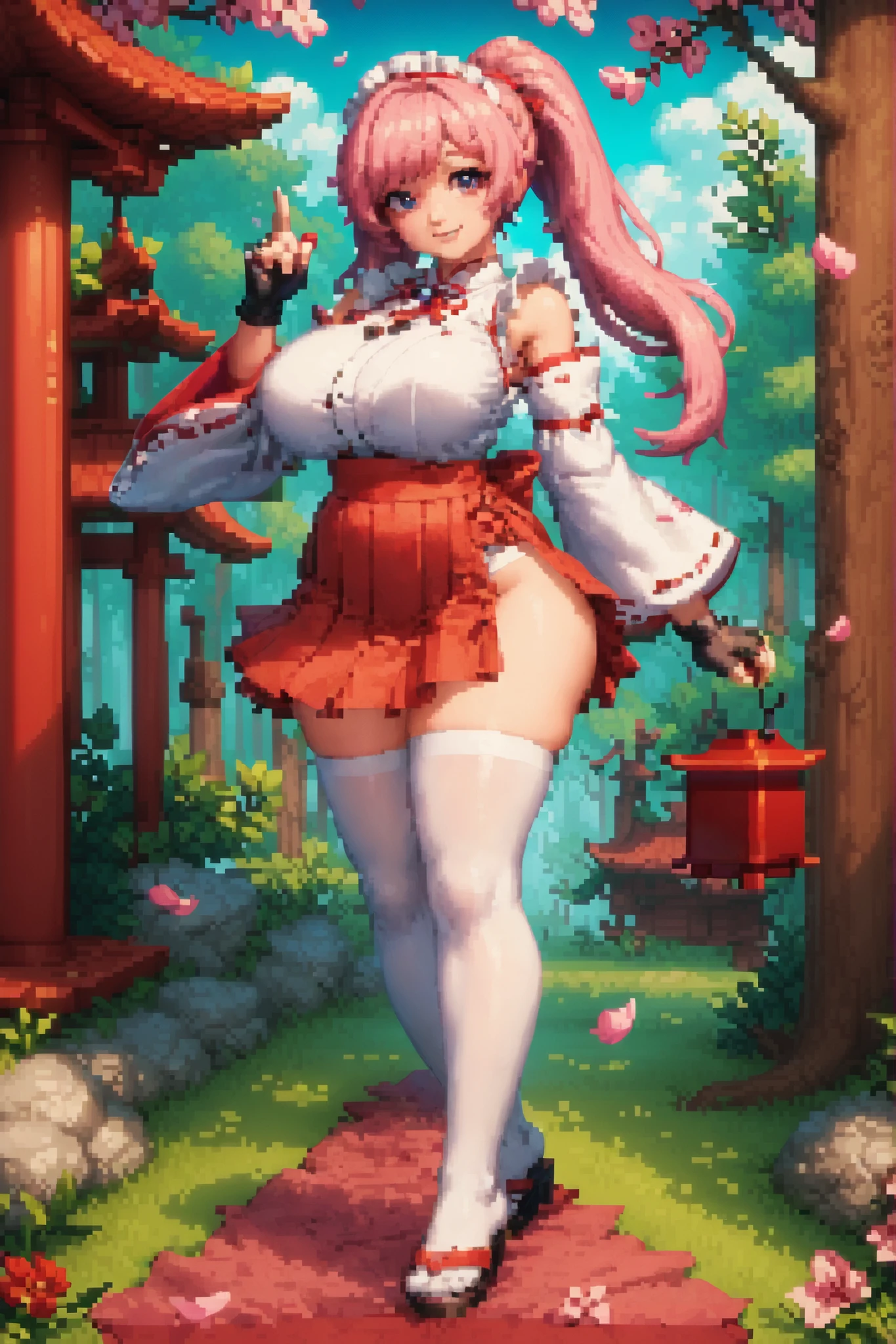 pixel art of a girl with a pretty face,huge breasts, slim waist , wide hips, huge butt, purple eyes,(long pink twintail hair),(pink bangs),(white kimono with red accents and cherry blossom patterns),(short red hakama skirt with cherry blossom patterns),(white detached sleeves),(black fingerless gloves),(white thigh highs),(black high sandals),(looking at the viewer with a cheerful smile on her face),in a forest, sprite, 2 d sprite, sprite 2 d, #pixelart, # pixelart,Long pink twintail hair girl in a white kimono with red accents cherry blossom patterns and short red hakama skirt with cherry blossom patterns, pixelart, high quality pixel art, pixel art animation.