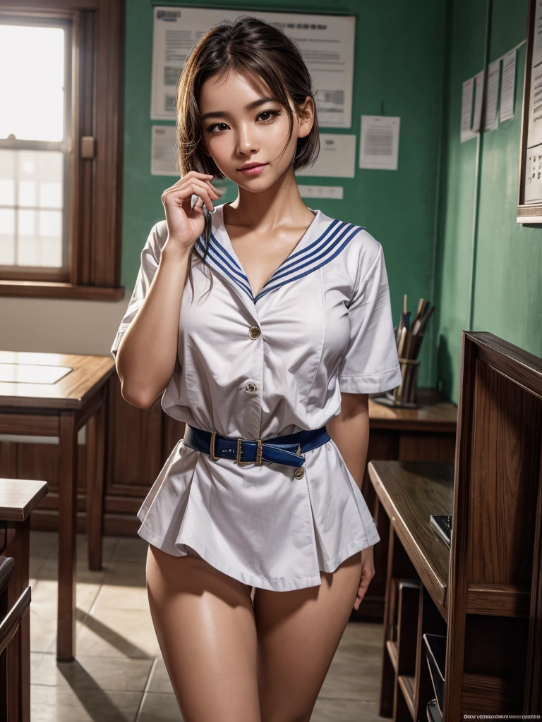 (8K high image quality), (top-quality), (RAW image quality),(masutepiece:1.2), (Realistic), (Photorealistic:1.37), ,largeeyes,long eyelasher,(Live-action realistic style),The Ultimate Face,Photorealistic light and shadow,Clear facial features,,Fair skin, ),Best portraits, 1-girl,Beautiful detailed eyes,highlydetailed skin,(Beautiful face with double eyelids), (Realism: 1.4),((fullbody image)) ,delicate and beautiful face,,Female about 20 years old,(Beautiful Face 1.4),Short hair,((Japan high school girl in uniform)),(Show your audience your best smile),red lipsticks,Lame around the eyes,((Shot in the classroom)),(Sit down while showing panties),panties fully visible.white color panties,(I like to show my panties to viewers),(Show your panties to your audience),((Japan uniform)),red lipsticks,Lame around the eyes,(Japan in uniform),
