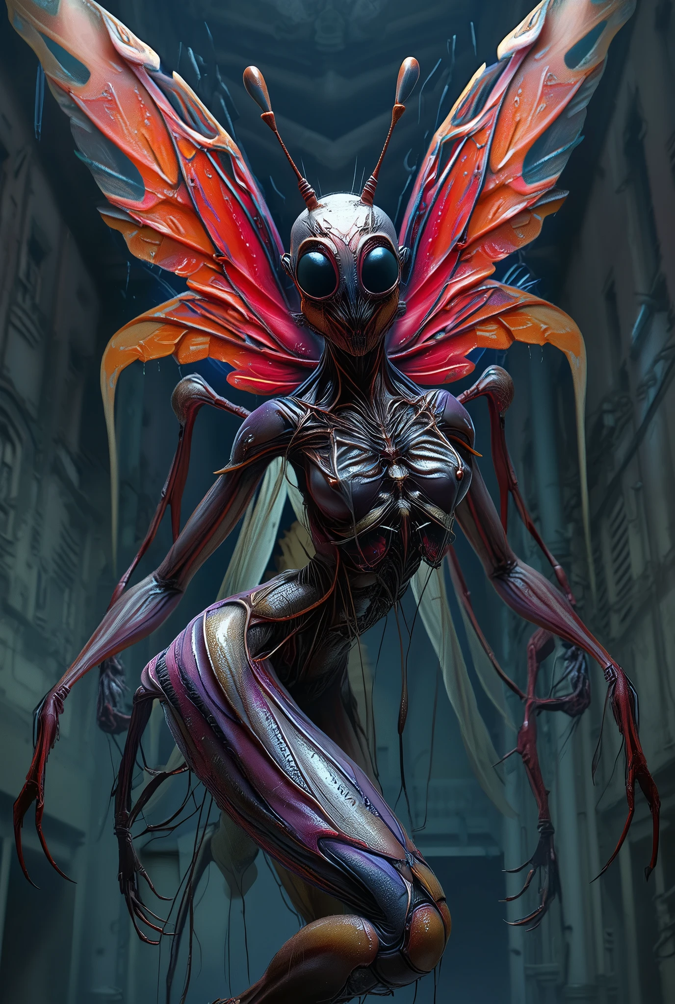 (Best Quality, 4K, high definition, masterpiece:1.2), (super detailed, photorealistic looking happy:1.37), photo taken by professional photographer, a beautiful, extremely sensual queen of bugs, detailed facial features, elegant posture, alluring expression, best quality, 4K, high resolution, photorealistic, HDR, UHD, studio lighting, vivid colors, fantasy scene, dark atmosphere, dramatic lighting, intricate details, macro photography, insect portrait, neon colored