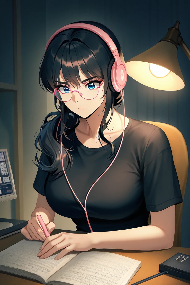 shukezouma, Octane Render, (hyperdetails:1.15), (Soft light, sharp:1.2), 1girl in, Beautiful Girl, Ultra detailed eyes, Painting drops, paint teardrops, woman made up from paint, entirely paint, Splat, Splash, (long black hair), casual clothes made of silk see-through, ultra detailed texture t-shirt, wearing oversized pink t-shirt, ((wearing eyeglasses)), paint bulb, Exposed cleavage, Sexy, paint drops, Indoors, Exposed shoulders, Tears, Sexy, shoulders can be seen, Thighs exposed, Focus on Face, Beautiful face, eye shadow, dark eye outline, japanese girl, mascara, Beautiful, 27 year old, 1 girl, (reading a book while holding it), (in pink themed bedroom), pink wall, pink interior, girl sitting, study table, there is a laptop on desk