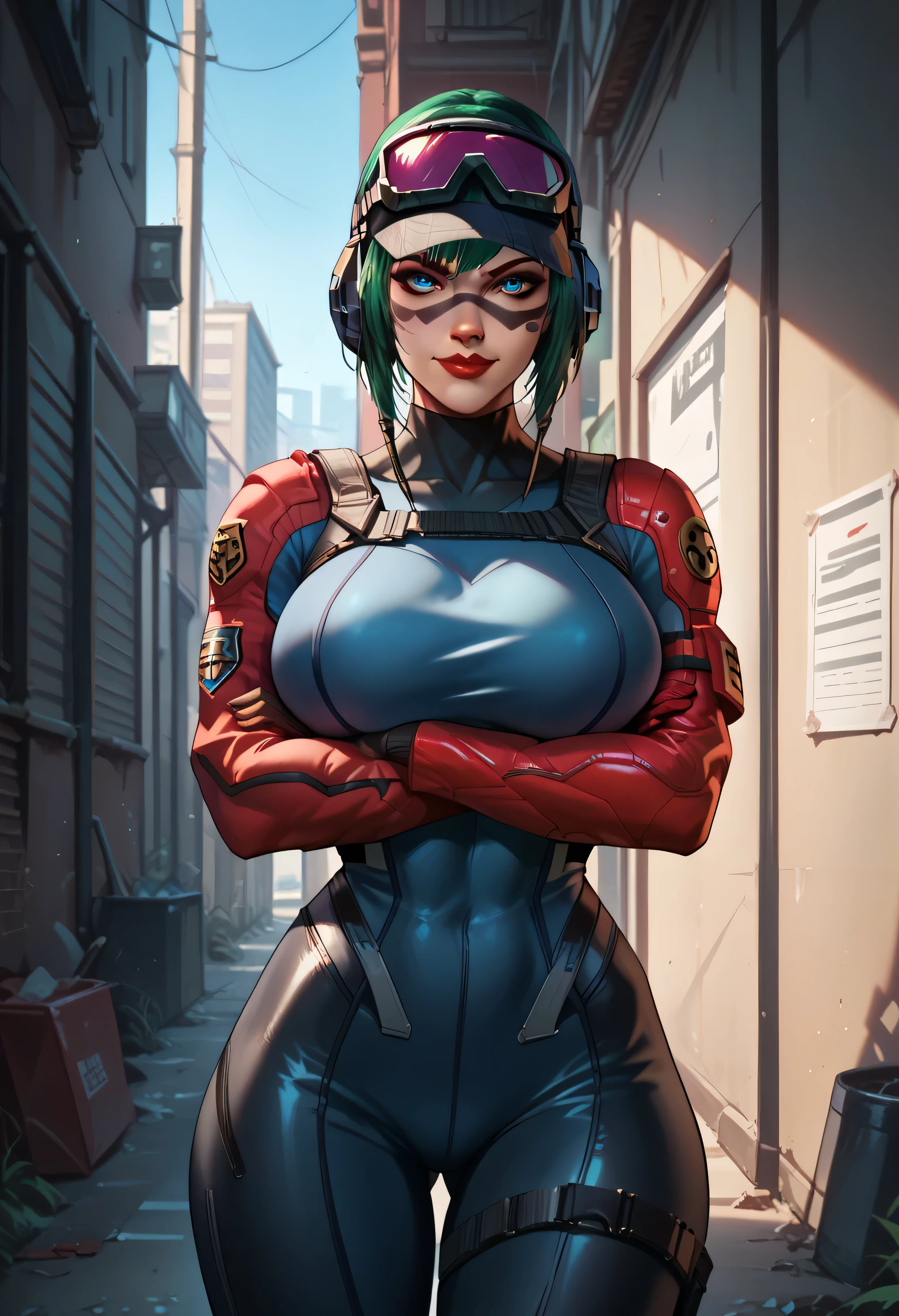 (score_9, score_8_up, score_7_up, high quality, best quality, ultra-detailed, very aesthetic, illustration, perfect composition, intricate details, absurdres, high res image, masterpiece, vibrant colors, beautiful face, detailed face, 1girl, solo focus, perfect eyes, detailed eyes), female, thick thighs, perfect body, voluptuous, huge breasts, curvy body, wide hips, (tsangfrst, Ela, ela elite \(Rainbow Six Siege\),ela, ela \(Rainbow Six Siege\, score_9, score_8_up, score_7_up,
BREAK
1girl, solo, HarleySmitty, makeup, domino mask, bodysuit, colored skin, lipstick, pom pom \(clothes\), facepaint, red gloves, blue eyes, smirk, looking at viewer,
cowboy shot, crossed arms, against wall, leaning back,
BREAK
outdoors, alley, city, dark, night, night sky,