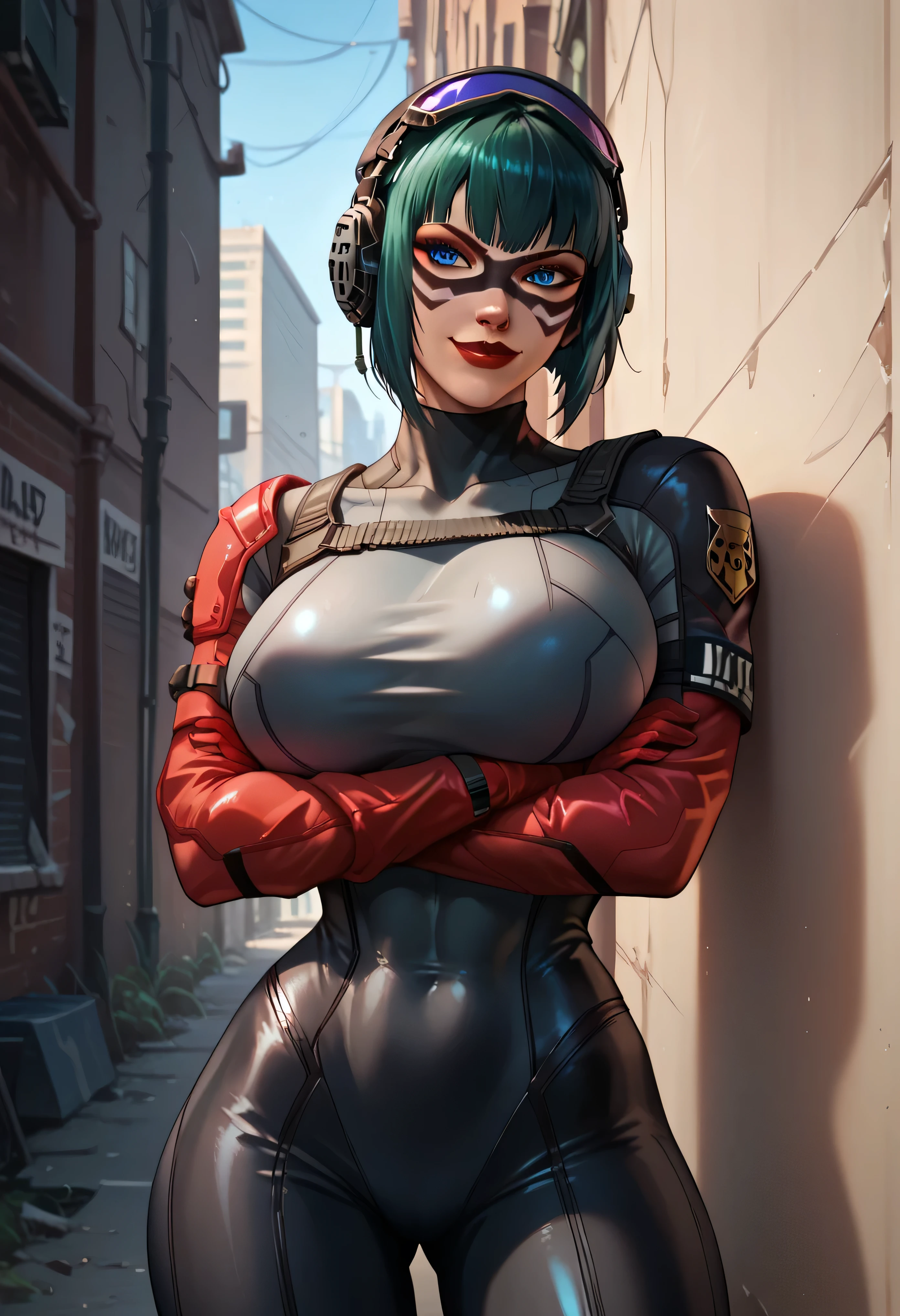 (score_9, score_8_up, score_7_up, high quality, best quality, ultra-detailed, very aesthetic, illustration, perfect composition, intricate details, absurdres, high res image, masterpiece, vibrant colors, beautiful face, detailed face, 1girl, solo focus, perfect eyes, detailed eyes), female, thick thighs, perfect body, voluptuous, huge breasts, curvy body, wide hips, (tsangfrst, Ela, ela elite \(Rainbow Six Siege\),ela, ela \(Rainbow Six Siege\, score_9, score_8_up, score_7_up,
BREAK
1girl, solo, HarleySmitty, makeup, domino mask, bodysuit, colored skin, lipstick, pom pom \(clothes\), facepaint, red gloves, blue eyes, smirk, looking at viewer,
cowboy shot, crossed arms, against wall, leaning back,
BREAK
outdoors, alley, city, dark, night, night sky,