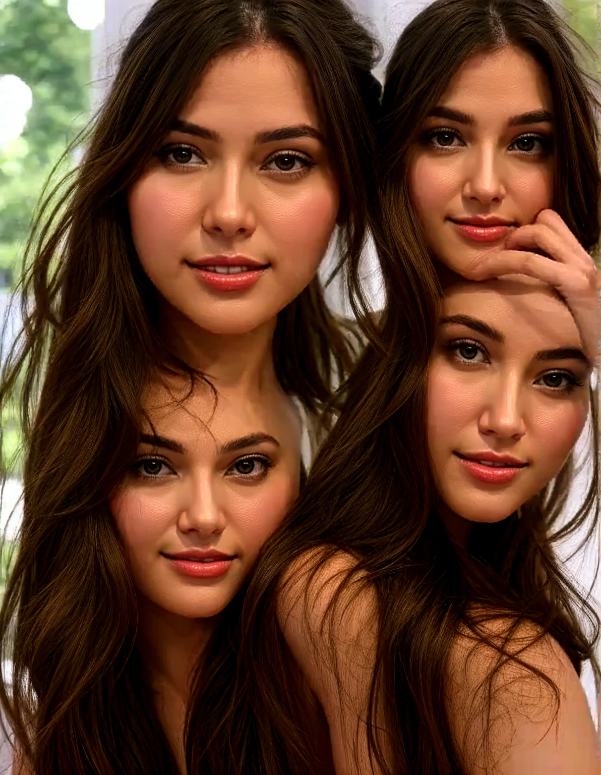 a group of 4 young age girls getting ready in a bedroom, mirror selfie, (best quality,4k,8k,highres,masterpiece:1.2),ultra-detailed,(realistic,photorealistic,photo-realistic:1.37),detailed eyes,detailed lips,longeyelashes,bedroom interior,mirror,makeup,hair styling,casual clothes,dynamic pose,soft lighting,warm color tone