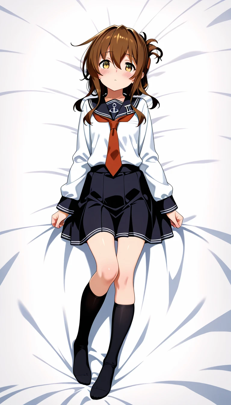 (masterpiece, Highest quality), (High resolution, detailed,retina),Fine graitomically correct,Accurate drawing,detailed図,Sense of luxury, anime, kodachi kuno, break, alone: 1.2, (Brown short-sleeved school uniform: 1.5), Baggy tops:1.2, (Side Ponytail、Disheveled Hair, Voluminous Hair), (Beautiful thighs: 1.0), Sleep on your back, Bedroom, 、Large Breasts、Broad shoulders、I can see your belly button、Dark Eyes、White knee-high socks、Don't wear shoes、Spread your legs、White panties、Angle from directly above,One Girl