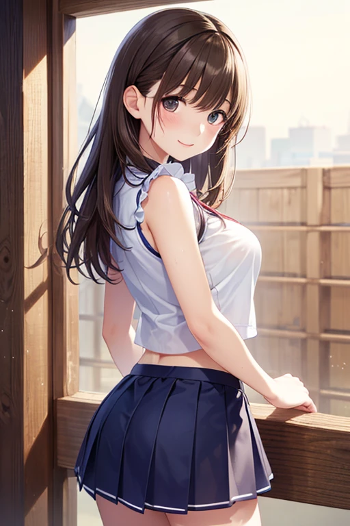 (((masterpiece, Highest quality, High resolution, 超High resolution, Perfect Pixel, Depth of written boundary, 4K, RTTX 10.0))), Beautiful Anime Women, Beautiful art style, Anime characters, ((Smooth texture, Realistic texture, Anime CG Style)), Exact finger count、Exact number of legs、(Exact number of arms:1.0, Exact number of hands:1.0), (Perfect hands, Perfect Anatomy.1.5), Cinematic, Realistic, Extremely detailed CG, Daytime lighting, Perfect lighting, Best Shadow, The best natural light, Perfectly balanced style, Perfectly balanced body, Perfect body, (Slender body:1), whole body, ((bangs, Dark brown hair, Twin tails)), ((A pretty woman stands shyly lifting her skirt:1.4)), (Cute clothes, Light blue checkered apron, A lace apron with lots of frills and ribbons, Knee socks:1.3), ((Stylish, sexy and cute panties, Stylish shiny satin panties, (Side-tie panties:1.1), Panties with plain light blue in the center and black lace on the sides, Small panties:1), Light blue panties:1.3), (Cleavage, beautiful and big breasts:1.2), (Embarrassed expression:1.4), (blush:1.2) , (amusement park, 背景にamusement parkのアトラクション, Lots of people in the background々: 1.3), Angle from the front, (Flipping the skirt with your own hands:1.3)