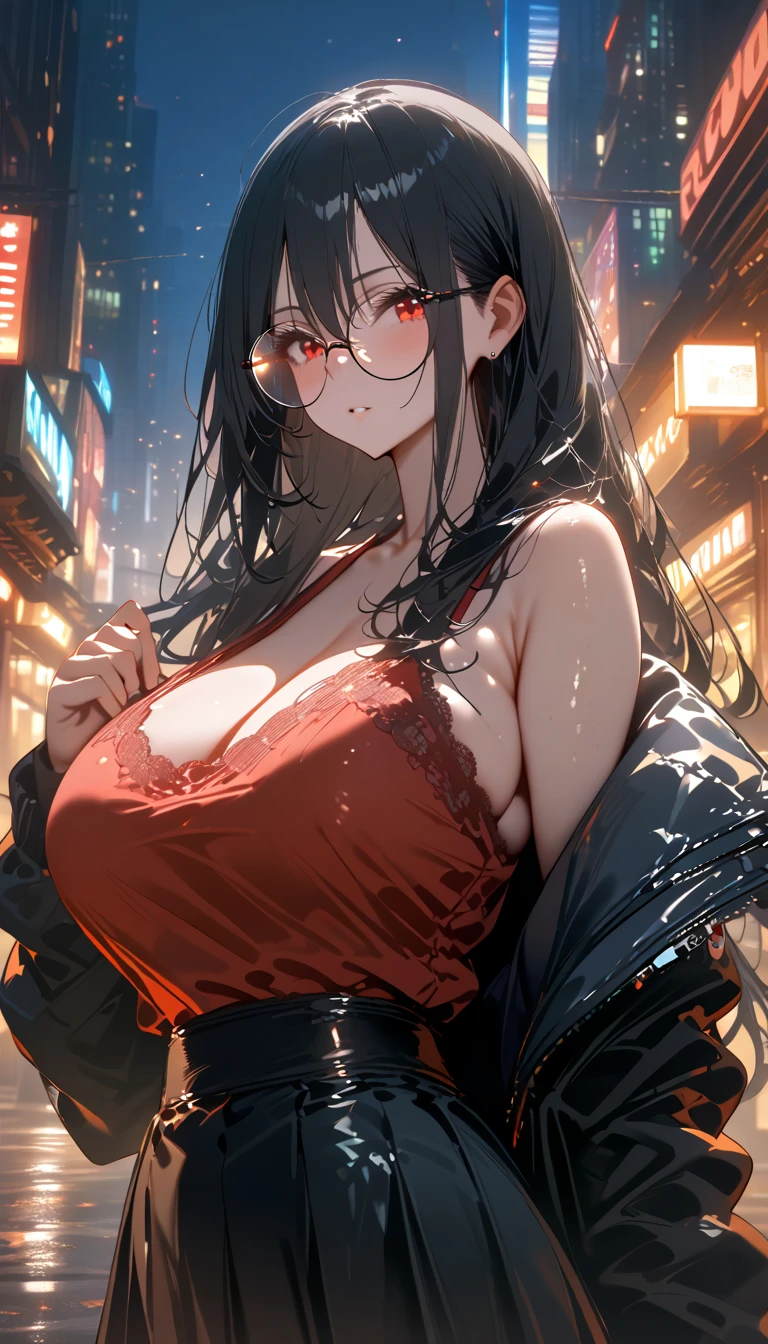 bikini girl, with big  ,night city,rain,coat,hands pressing a  left hand lifting bra. 