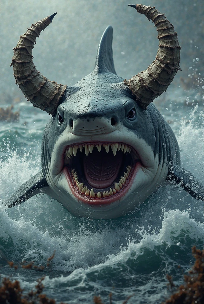 Great white shark agresive jumpimg on a dead Cape Buffalo by the sea shore that it fought