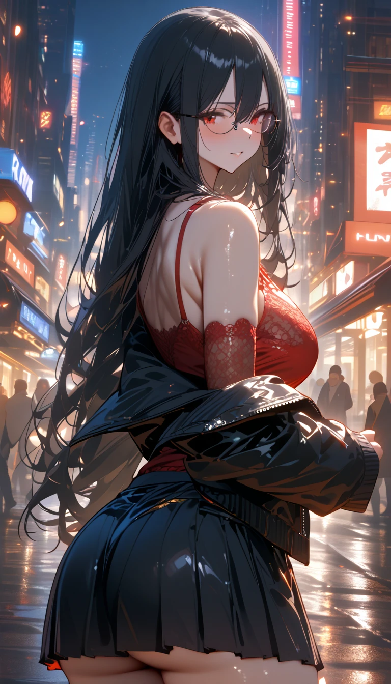 最high quality、best image quality、masterpiece、teenage girl((18-year-old、 By becoming、vest bust、medium bust,wide open breast tea、black eye, black hair、shortcut、short hair、thin,highest valley、Perforated gloves、Hachimaki、My whole body is full of scars、black tank top、red short skirt、anger expression、red necklace、black stockings、red boots、red heat mask,Japanese sword、red coat、flash)),high quality、beautiful art、background((Dark road、Red rain、red lighting、Red Moon、bloody road、dark city)),debris flies、Depth of written boundary、movie、visual art、perfect art、8K,genuine