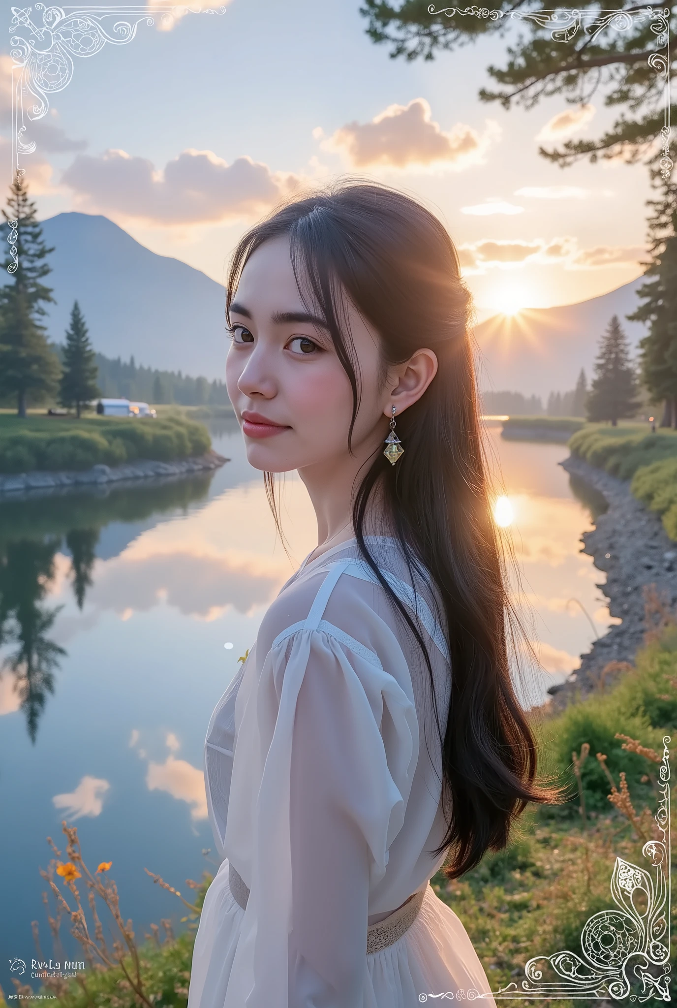 1 girl, happy expression, charming eyes, straight long hair, flowing skirt , big, Gazing at the Sun, Calm Posture, Porcelain Skin, A faint blush, crystal pendant Rest Golden Hour , (edge lighting): 1.2, cool color, Solar flare, Soft Shadows , bright color, Paint Effects, Great Atmosphere BREAK Scenic Area, Distant Mountain々, pine tree, Summit, reflections, sunlit clouds , quiet atmosphere, Idyllic sunrise, Super Detail, official art, Unified 8K Wallpaper , zentangle , Mandala