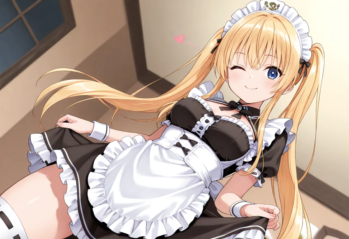 Beautiful long blonde hair　Embarrassing　blue eyes 　Tears overflow from my eyes　A girl in a long black maid outfit　Skirt rolled up　Small breasts　White panties with lace　bedroom
