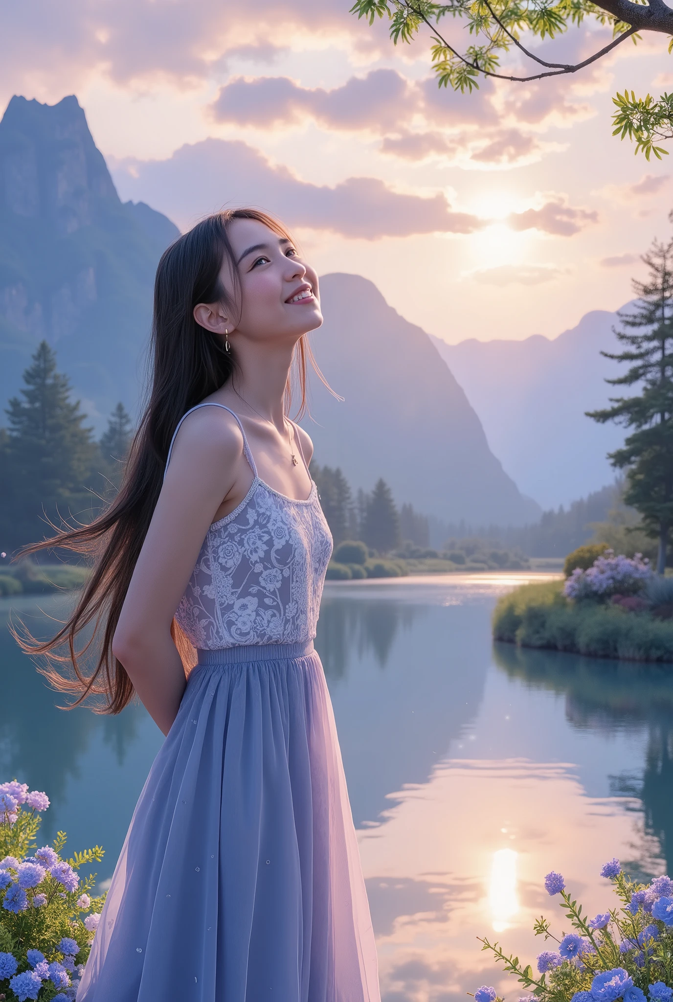 1 girl, happy expression, charming eyes, straight long hair, flowing skirt , big, Gazing at the Sun, Calm Posture, Porcelain Skin, A faint blush, crystal pendant Rest Golden Hour , (edge lighting): 1.2, cool color, Solar flare, Soft Shadows , bright color, Paint Effects, Great Atmosphere BREAK Scenic Area, Distant Mountain々, pine tree, Summit, reflections, sunlit clouds , quiet atmosphere, Idyllic sunrise, Super Detail, official art, Unified 8K Wallpaper , zentangle , Mandala