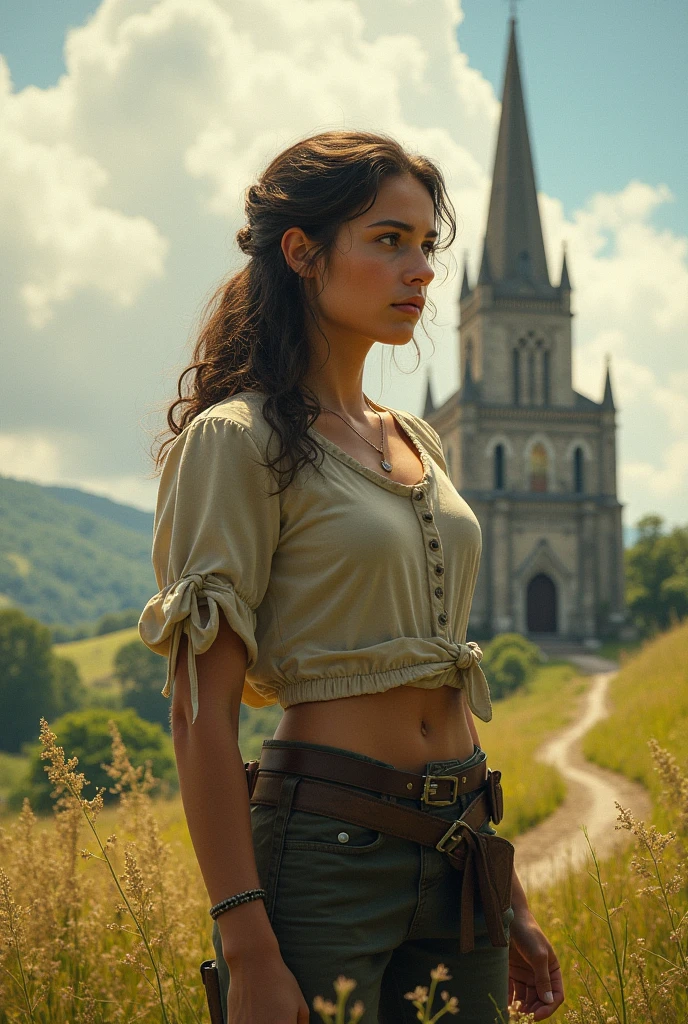 Create an image capturing Lara Croft in a daring expedition through an ancient, overgrown temple ruin. With the ruins shrouded in mist, Lara stands at the entrance, her iconic silhouette outlined against the crumbling stone. Armed with her trusty bow and climbing gear, she navigates the treacherous terrain with skill and determination. As she explores deeper into the temple, her keen eyes search for hidden artifacts and long-lost treasures, her unwavering resolve matched only by the untamed wilderness surrounding her