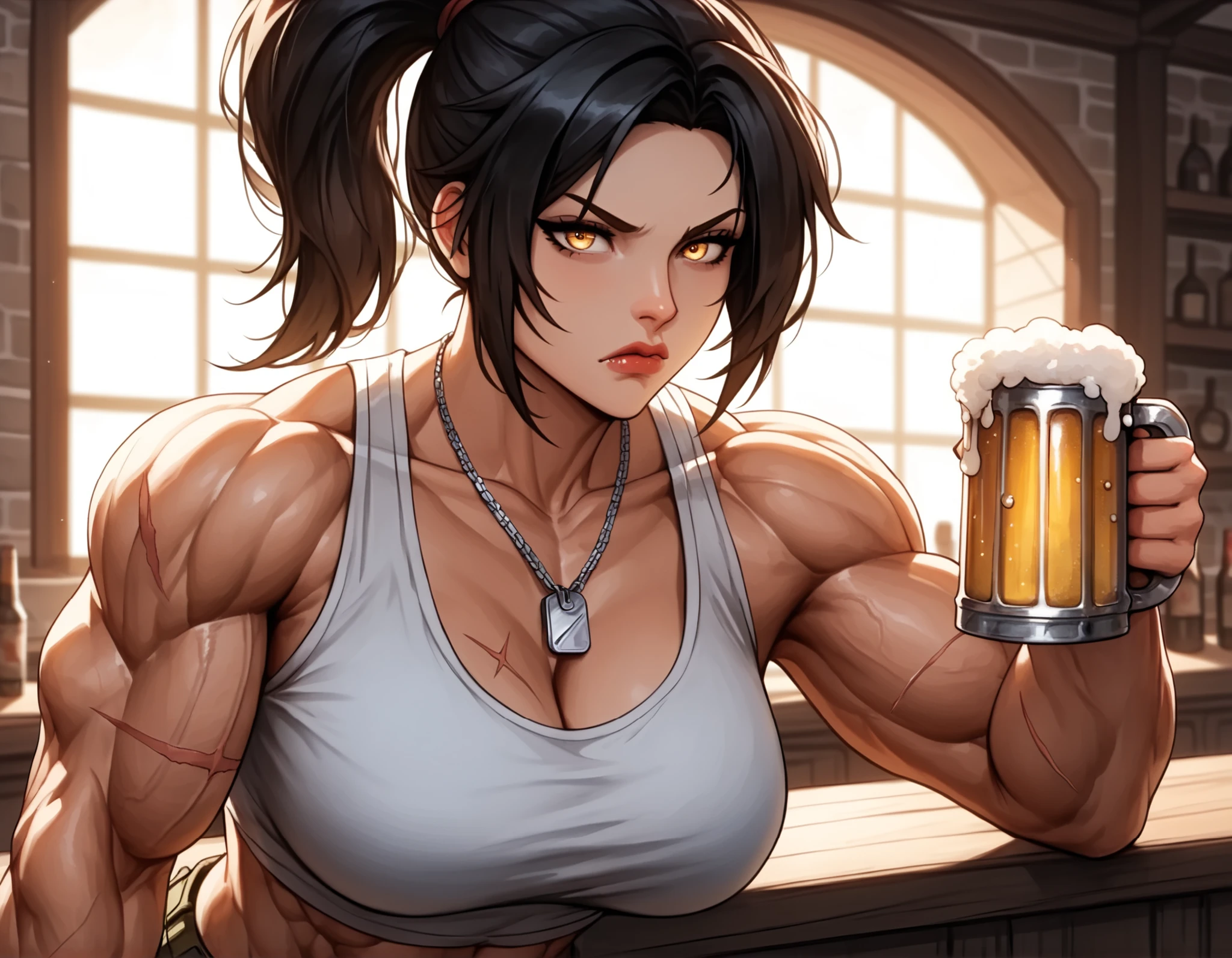 Watercolor, score_9, score_8_up, score_7_up, (Volumetric_lighting: 1.7), (masterpiece), (lora: detailed anime girlsXL), (lora: NoobAI-XL Detailer), (lora: smooth lighting enhancer) (lora: Detailed Background), (lora: NKxXmo's Shaded Face), (lora: SDXL high detailed. LoRA_SDXL_ARW_0010: 0.75), (lora: Waifu Eyes), BREAK inside, bar, rundown, dark_background,
1girl, scars, Tall, sharp teeth, fangs, peach skin, (muscular:1.6), muscular_thighs, muscular_arms, short_hair, undercut_hair, hair_ponytail, white_hair, black nails, golden eyes, angry (narrow eyes, scowl, crazed) standing, holding_beer, cargo_trousers, crop_top, dog_tags, close_up_shot, large breasts, Mature looks, MILF, 8k, (masterpiece), realistic, high_quality, detail_focused,
Expressiveh