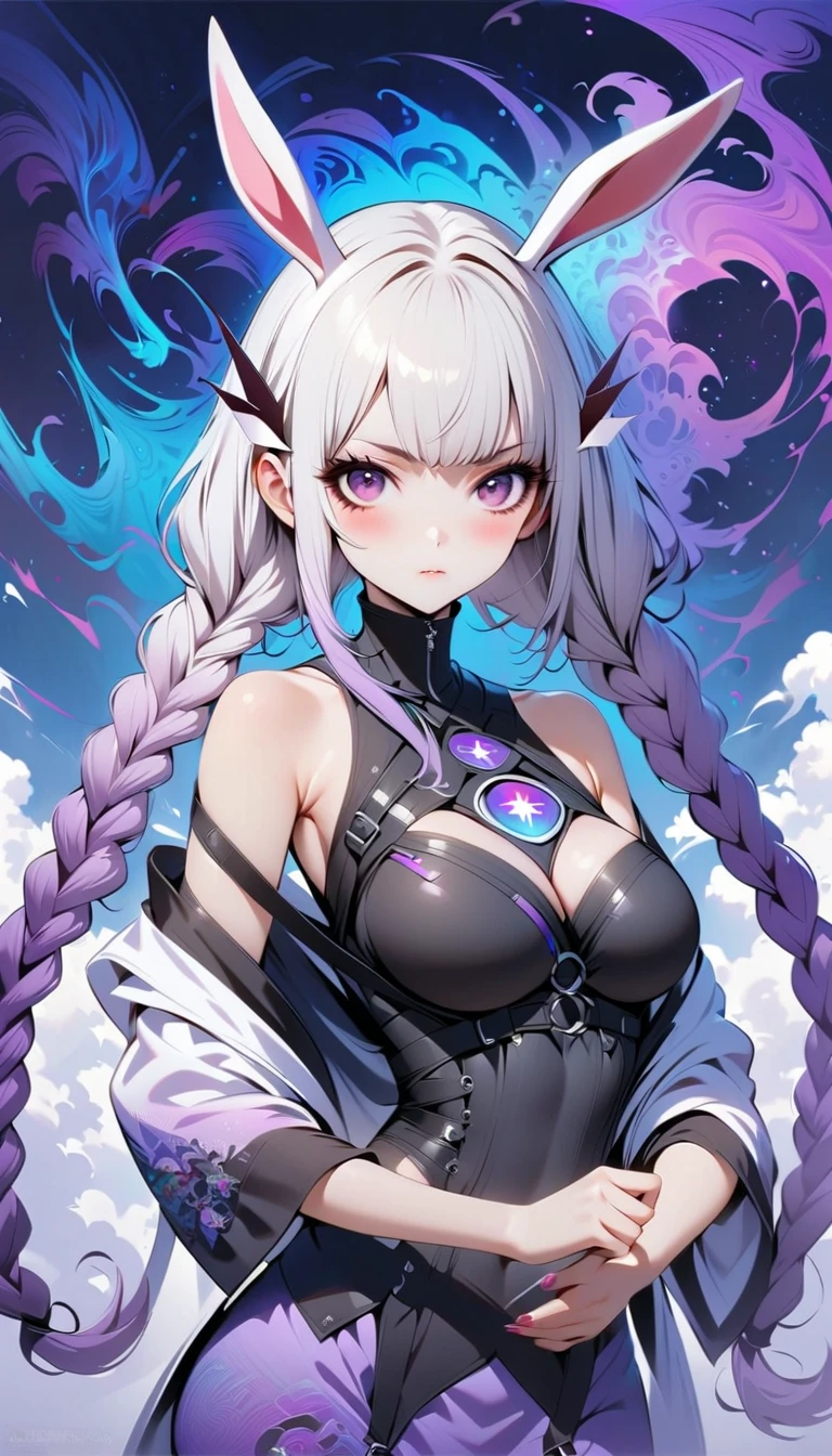 upper body, 1woman, white hair, Long Haired, purple eyes, (slave), chain collar, big breats, wallpaper, magic circle background, light particles, hands behind the back, (masterpiece), best quality, cleavage