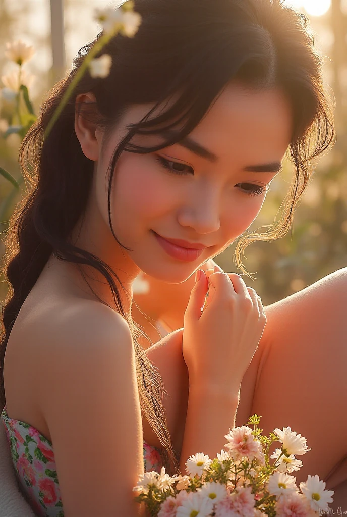 A peaceful summer afternoon with a young woman lying on a grassy field, smiling as she watches large, soft clouds drift slowly across the sky. The warm sunlight bathes her in a gentle glow, evoking deep, nostalgic feelings of youthful summers, high quality, masterpiece, 8k,