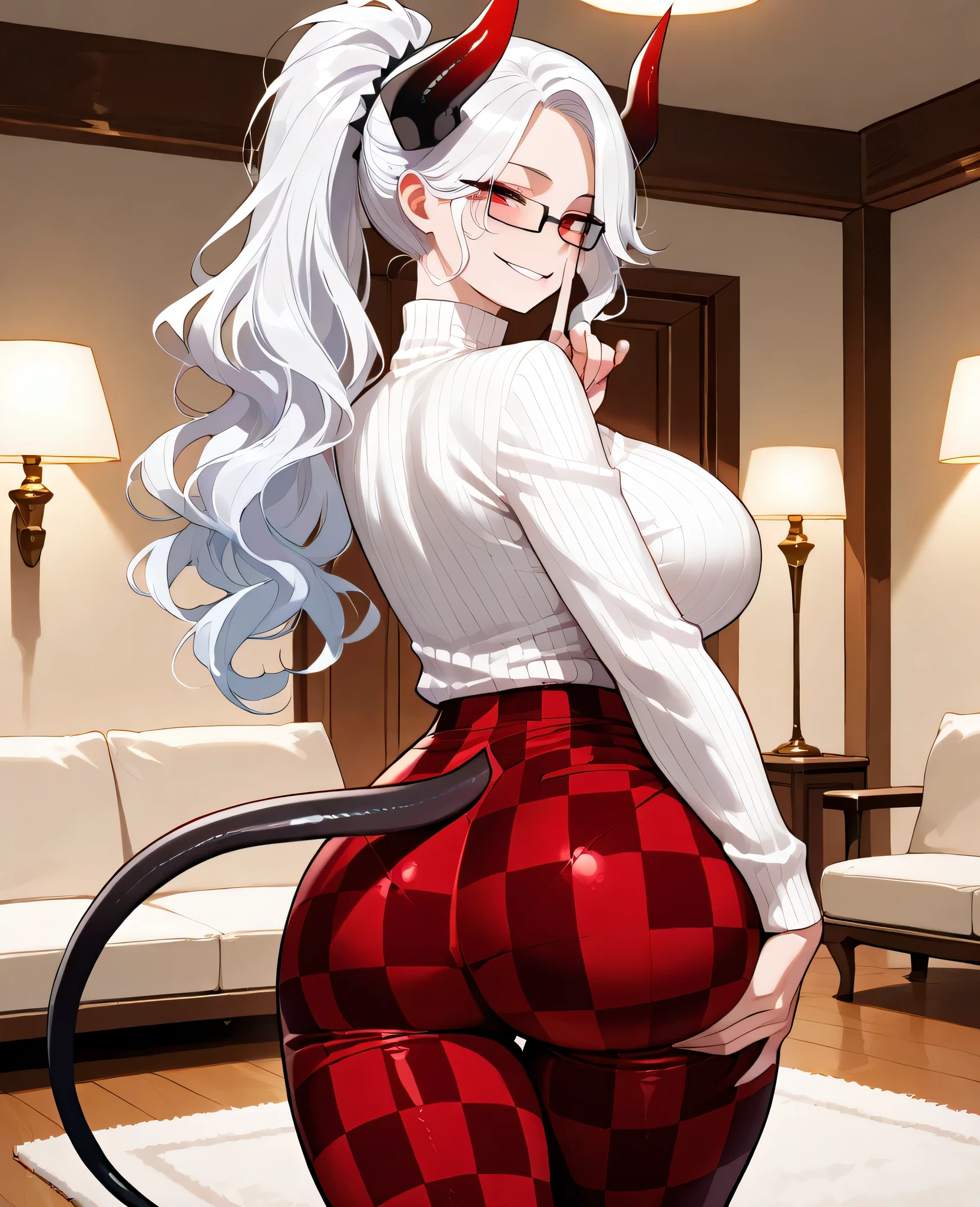 Woman, demon, white hair, beautiful, lush hair, wavy hair, ponytail, tall height, curvy thighs, bright red eyes, curvy hips, thin waists, curvy ass, big breasts, curvy, detailed eyes, detailed face, detailed body, adult, detailed living room, detailed eyes, make up, white turtleneck, red-black checkered pants, detailed image, demon queen horn's, demon tail with heart-shaped tip, solo, smug smile, standing, looking at viewer, legs crossed, rectangular glasses, head tilted side, hand grabbing ass, shushing, rear view