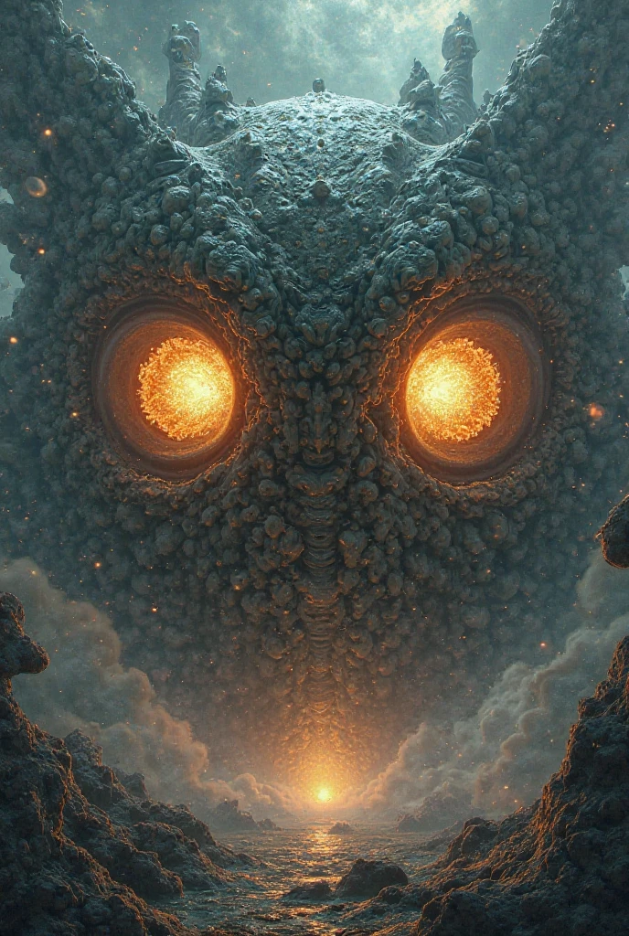 a painting of a giant monster with a giant head and a giant eye, psytrance artwork, hyper detailed visionary art, dan mumford and alex grey style, hyper - detailed visionary art, highly detailed visionary art, shamanic dmt horror art, visionary art style, symmetrical epic fantasy art, dan mumford and peter mohrbacher, psychedelic surreal art, psychedelic trippy visionary art