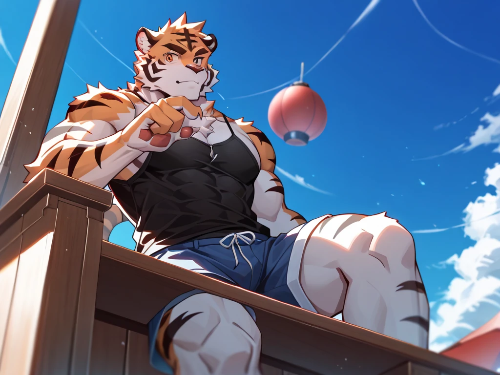 tmasterpiece，the night，Anthropomorphic tiger，male people，26 year old，Thick eyebrows，Orange-yellow fur，Strong body，large pecs，bare full body，Pink milk clusters，white fundoshi, , medium bulge，Sitting in the hot springs，A cup of tea，open air，vale，vapour，sweat leggs，ssmile，Be red in the face，looking toward the viewer，Golden pupils，Strong，Solo，frontage，A huge full moon in the sky，Auspicious clouds，green plant，Rochas