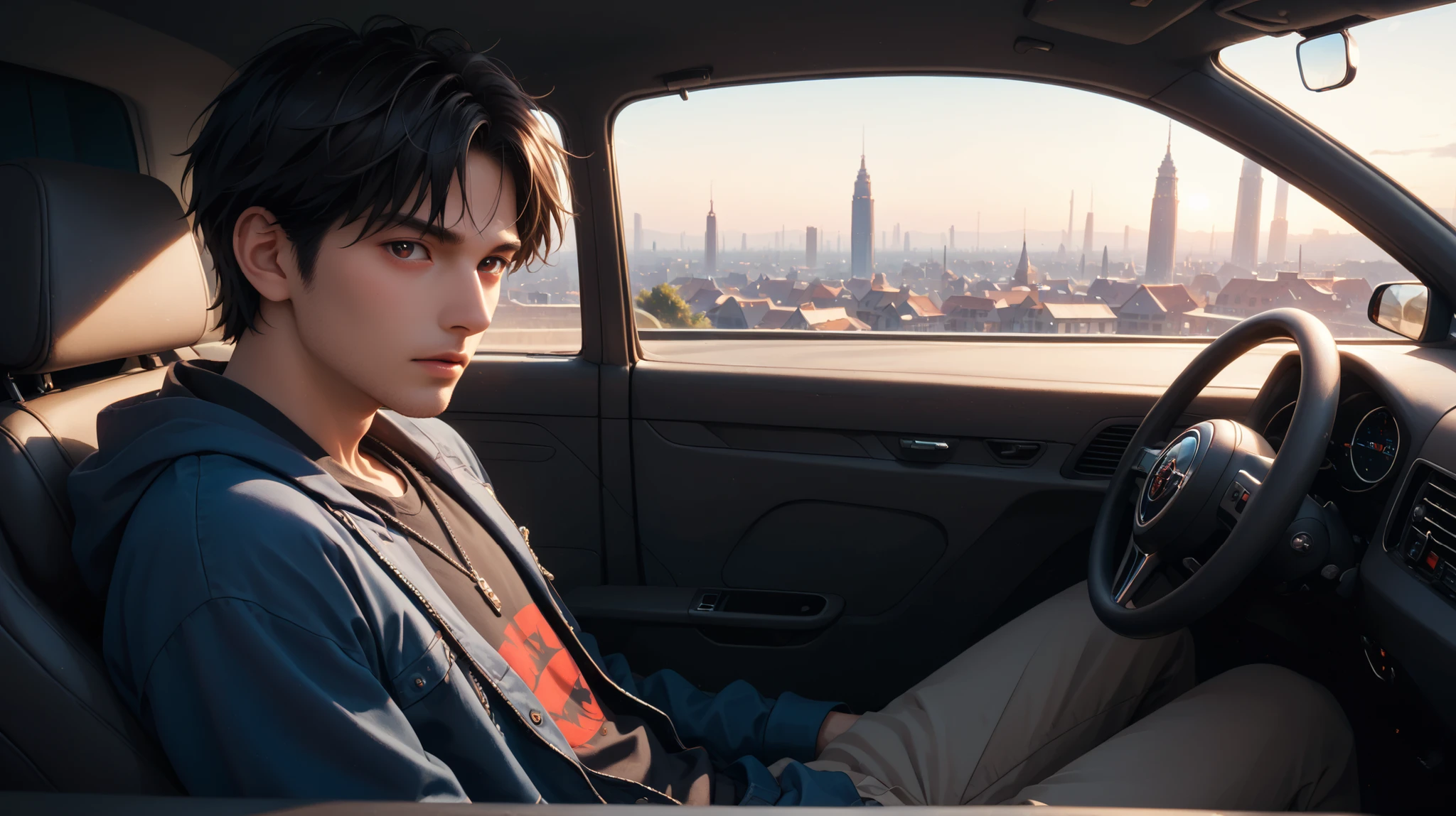 A highly detailed anime-style illustration of a young Japanese man driving a car, ultra realistic car interior, cinematic lighting, soft shadows, short black hair, wearing casual modern clothes, focused expression, background showing urban city streets through the windows, Studio Ghibli-inspired style, 8K resolution, ultra high definition, sharp details, beautiful color grading
