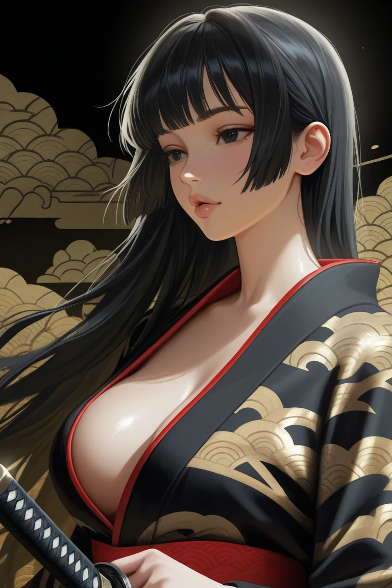 ((Extremely detailed CG unit 8k wallpaper, ​Masterpiece, high resolution, top quality, top qualityのリアルテクスチャスキン)), (a very beautiful woman, plump lips, big breasts，upper part of body, Posing like a model:1.5, Japanese style short outer box, Japanese pattern super mini shorts:1.2), (A black-haired one, messy hair, white skinned, Show belly), ((Colored background design, Japanese pattern background, warm color)), (Surreal, number),