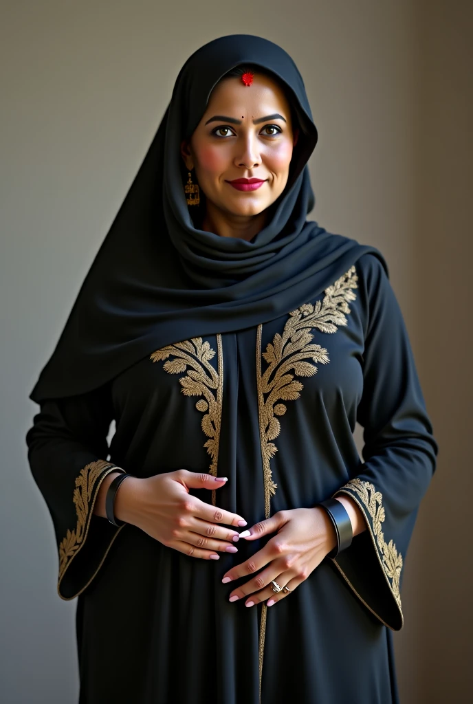 Fair and beautiful ,stunning ,curvy 45 year old mature Arab Muslim woman wearing a hijab and dark plum abaya frock with embroidery showing cleavage low neckline in depth of field apartment interior background , medium close up shot , shot on iphone 13 , professional photo , no makeup