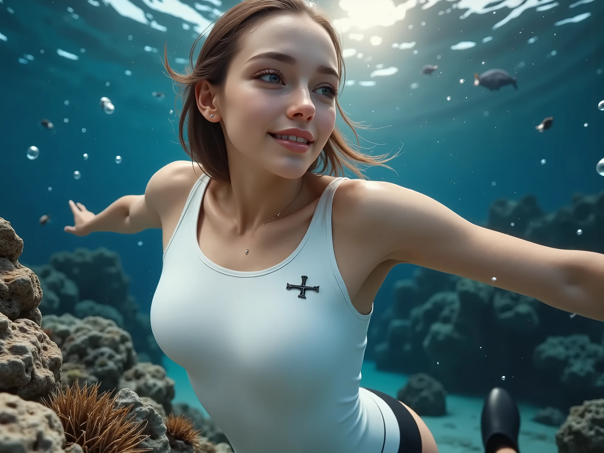 (photorealistic、Best Quality,4K,8k,high resolution,masterpiece:1.2),(Realistically accurate portrayals with detailed details,Full live-action version,photorealistic:1.5), (((RAW PHOTO, very detailed, beautiful girl swims underwater, white one-piece swimsuit 、DYNAMIC ANGLE, The surface of the water shining in the sun, The waves are shining、amazing, cinematic lighting, lens_Flare))), (((Depict the seabed realistically and accurately)))、(Bubbles are boiling、Bubbles are swirling:1.3)
