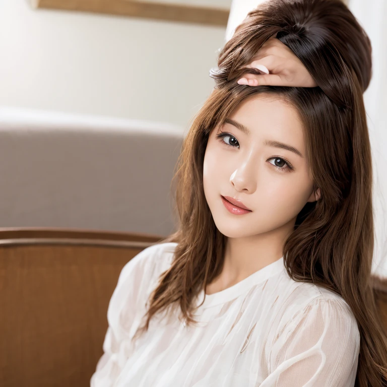 best qulity,Super realistic,araffe woman with long hair and a white dress laying on a bed, gorgeous korean young woman, Beautiful young Korean woman, Beautiful Korean woman, portrait of female korean idol, dilraba dilmurat, heonhwa choe, young adorable korean face, lee ji-eun, lee ji-eun, park jimin, Popular Korean makeup,Super detailed hands,Super meticulous hands,Super detailed manicure