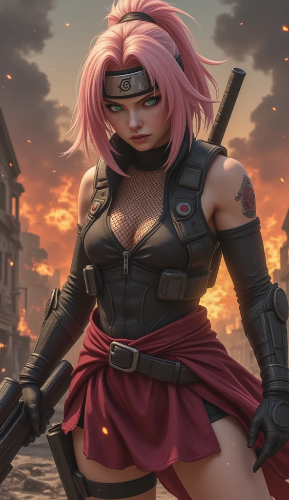 (Photorealism:1.2), very strong woman, with muscular arms and defined abdomen, defined body, face with delicate features, height 1,72, pale skin with many scars from cuts all over the body, lightbrown eyes, almost yellowish, light pink hair, Channel haircut with bangs. strong bodie, strong arms with a lot of muscle, very strong, even invincible with brass knuckles in one hand and a katana in the other and a baton on his back
