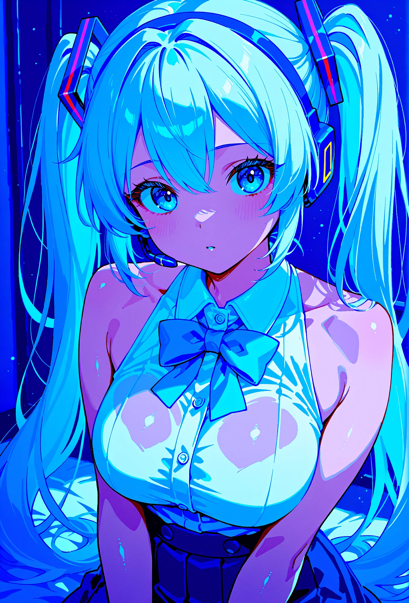 Femboy blue hair with white streaks, black bruncos, scars on the mouth, starfish necklace, anime style bluish white skin 4k