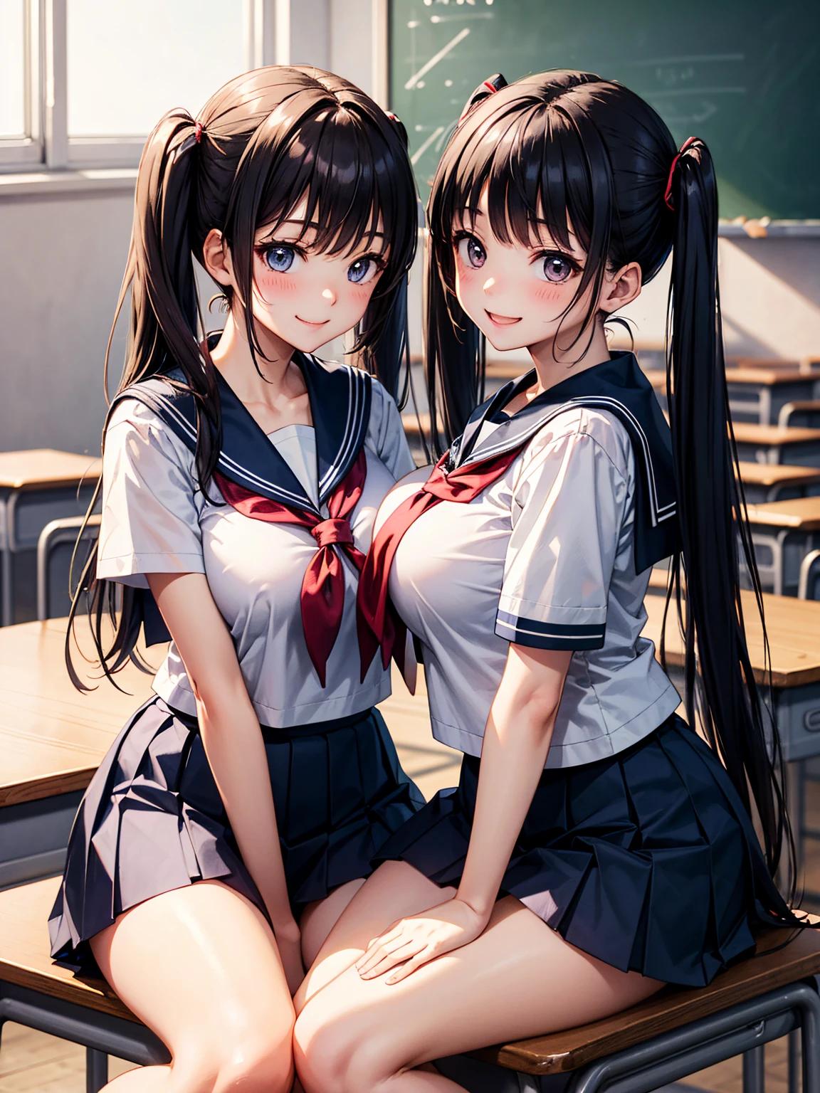 highest quality、High resolution、detailed background、beautiful and detailed face、beautiful and smooth skin、skin texture、professional lighting、Beautiful age girl、((three women))、(huge breasts:1.2)、Changing clothes in the classroom、cute hairstyle、 cute sailor suit、Plaid pleated mini skirt、white bra、white panties、white knee high socks、white pantyhose、Look at me happily、sexual expression、Pull Panties、panty shot