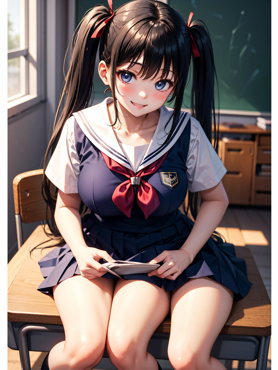 One person、One personで、An 18-year-old high school girl takes a photo wearing a short-sleeved white sailor uniform、victory、Twin tails、Tsundere、masterpiece、High resolution、Sharp focus）、Navy Blue Shirt、Red tie、Navy and red checked mini skirt、cute、Japanese women、17 years old、sexy、Laughter、(Perfect Anatomy、Delicate and beautiful hands and feet)、Yellow Wall,Small breasts、Nogizaka idol、Slim figure、sexy、I can see your thighs