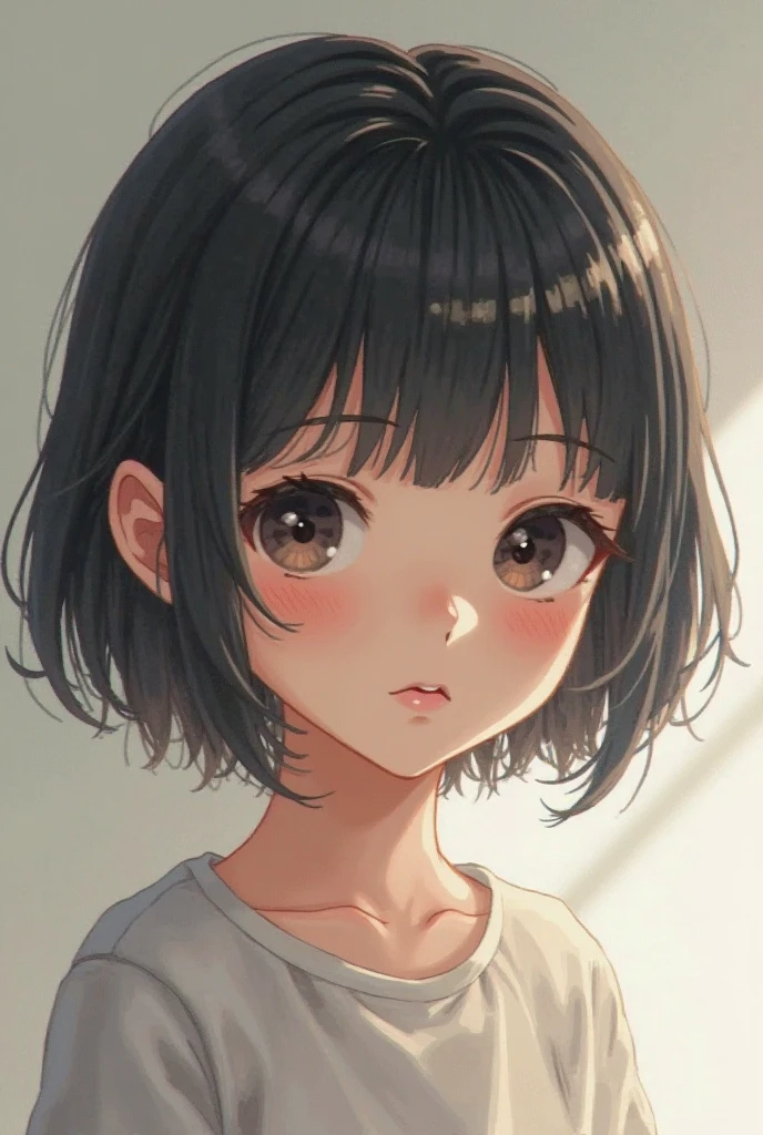1girl, cute girl, (tareme, short-eyes:1.5), (oval face, drooping-eyes:1.4), grey-green eyes, eye highlights, blush, smiling, thin fine eyebrows, flat hair, no bangs, forehead, center-parted-forehead, side swept to back, low-ponytail, medium hair, black-hair,   BREAK  petit body, dim body, (looks soft body), narrow shoulders, [chubby], normal breast, WHITE T-SHIRT, DENIM HOT PANTS, masterpiece, best quality, portrait, soft lines, perfect anatomy, perfect body, perfect hands, perfect face, cowboy shot portrait, 