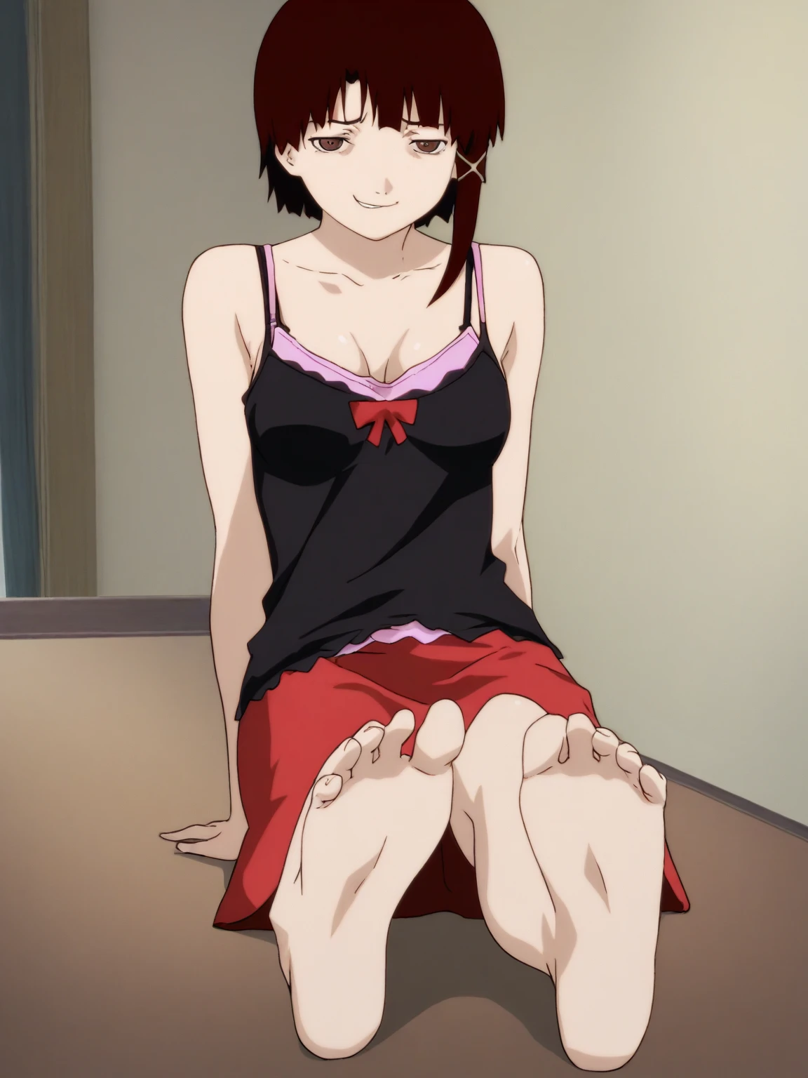 score_9_up, score_8_up,score_7_up, source_anime, best quality,very athletic, official art, anime keyvisual, in danganronpa style, foot focus, pretty 1female,sitting on the floor, low angle, 1girl,asahina aoi, danganronpa, mature female, barefoot, both detailed feet, five toes, smooth toenails, ponytail, blue eyes, tan, hairclip, red jacket, red tracksuit, long sleeves, white tank top, short shorts, blue shorts, cleavage, bedroom