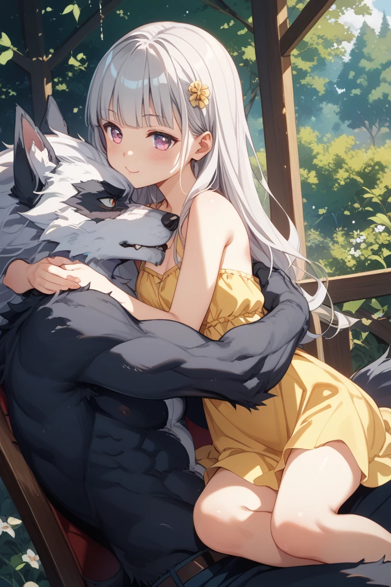big breasts:1.5、、highest quality、very detailed、Very realistic eye masterpiece、highest quality、very detailed、gray hair、perfect face、long hair、white dress、sundress、Sex with dogs、
