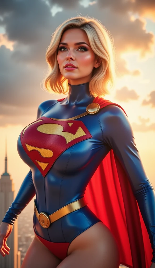 ((best quality)), ((artwork)), (detailed: 1.4), Beautiful woman,(obra de arte, melhor qualidade:1.2), 1 garota, Sozinho,powergirl
injustice
short blonde hair
blue costume
red cape
superhero, (Alone), Realistic, ((artwork)), (best quality), (detailed), (1 girl), Big Breasts, sexy, Thick, below breasts
