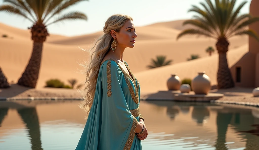Close up, blonde, plump woman, wearing a blue, gold embroidered abaya, holding on her head a crown embroidered with the Algerian flag, looking directly at the camera, she is standing on the blue seashore
