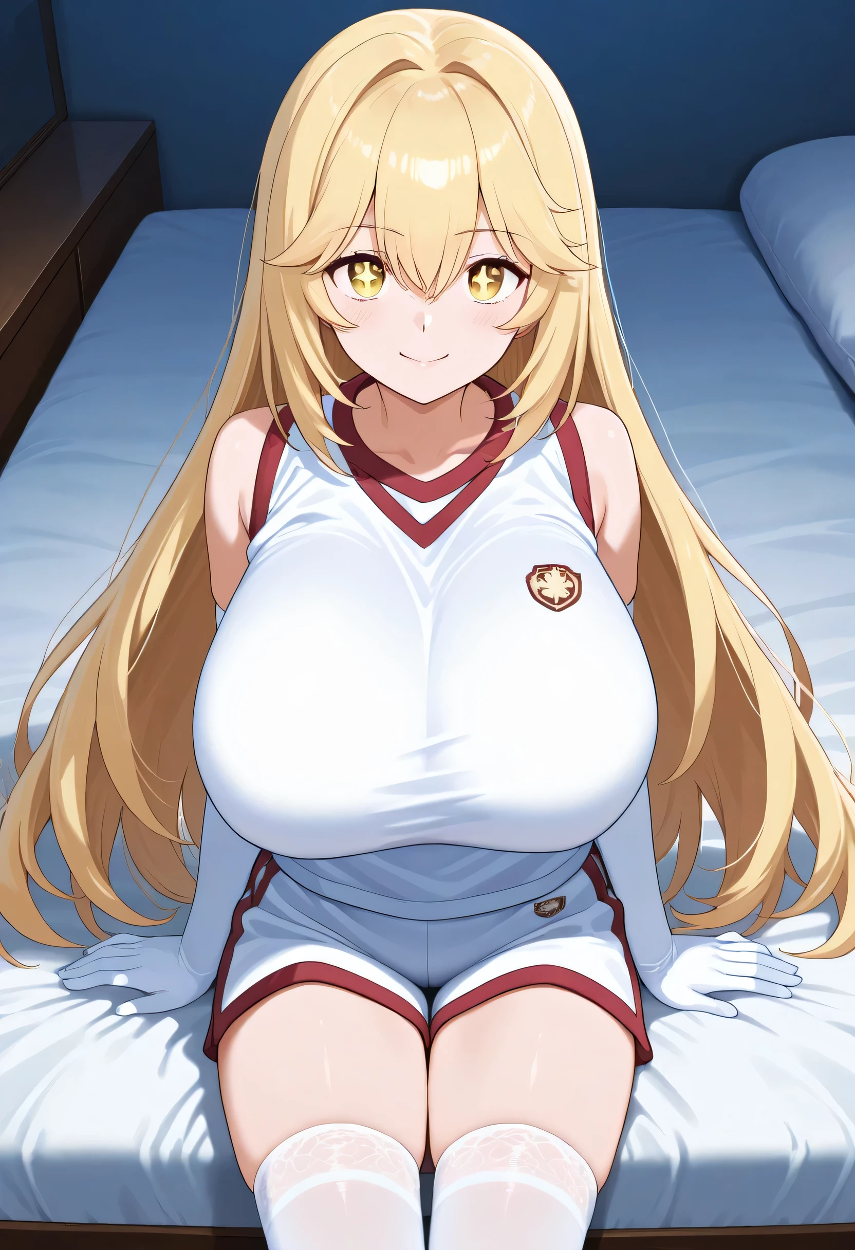 1girl, solo, looking at_in_viewer, white_gloves, elbow_gloves, white_thigh high socks, Gym_uniform, white_shirt, smile, +_+, popup, too big chewy , hyper breasts, sleeveless_shirt, brown with swe_eye, Gym_shirt, very_length_hair, closed _mouth, Naked_shoulder, Gym_shorts, white_shorts, hair_between_eye, bedroom at night, sitting, Shine_eye, Young face, anime style