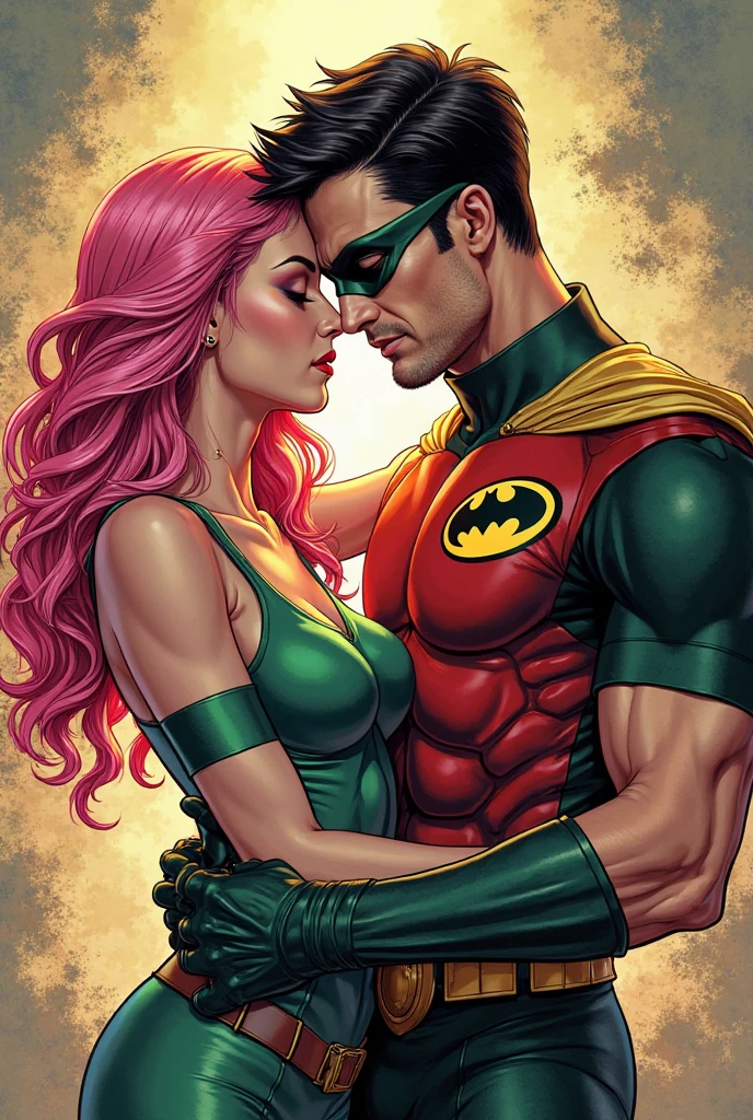 (((Poison Ivy))), (((Superman))), High quality, best quality, masterpiece, (1boy1 1girl), (hetero:1.5), mature woman, curves, long wavy redhead hair, green eyes. cleavage. (((woman wearing slingshot bikini))), reverse suspended congress, legs spread, breast grab, sfw