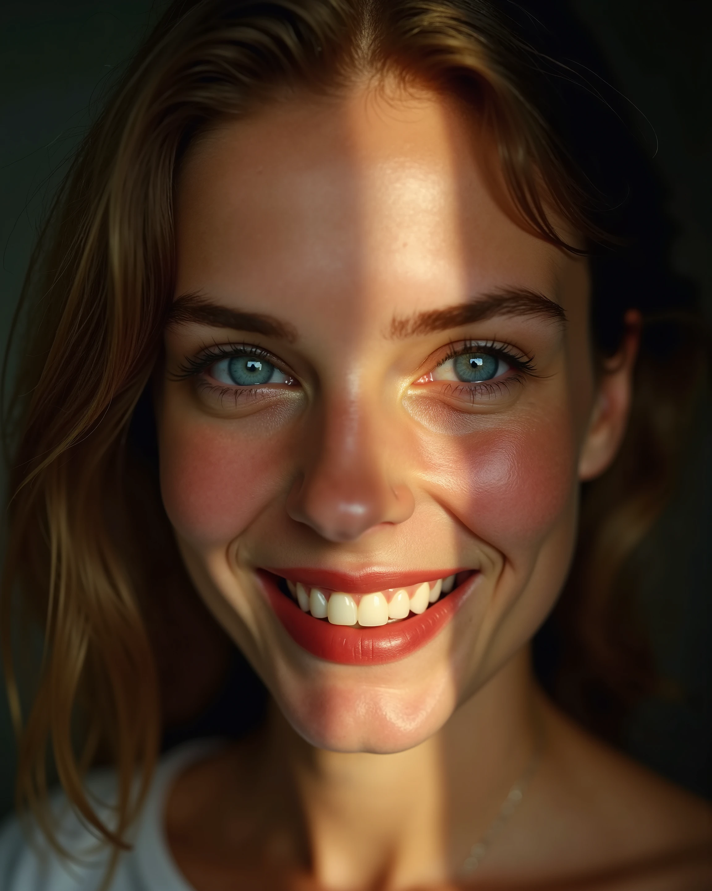 colors, sharp light blue eyes, A soul-stirring close-up portrait of a woman, grins, her grace enhanced by the soft gradient of natural light, the chiaroscuro effect adding depth, taken by the esteemed photographer Sally Mann, Photography, Hasselblad X1D II with an 80mm f/1.9 lens, set at f/2.8, ISO 64, 1/180s, with ambient light sculpted using a large diffuser and a gold reflector for warmth