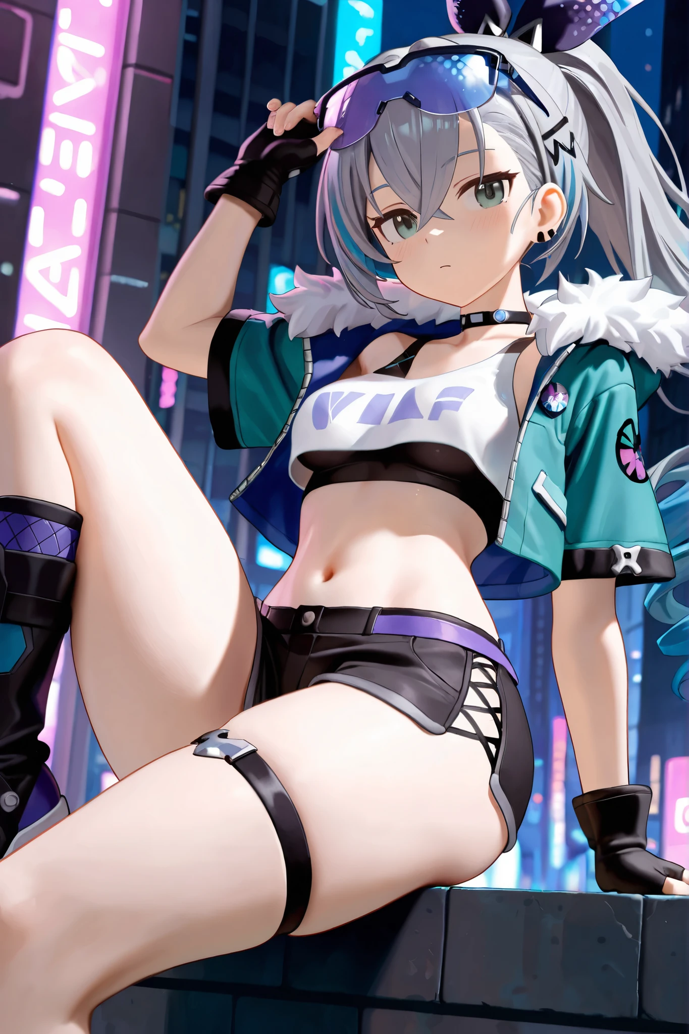 nsfw,masterpiece, Highest quality,High resolution, silverwolf, One girl, alone,Half naked,tits,Small breasts,｛Pussy｝, View your viewers,blush,Embarrassed face,Watery eye,Mouth open, Hotel,Night view,Are standing ,whole body, Drill Hair, ponytail, Sunglasses on head,｛Black shorts｝,｛Wearing｝,Black jacket