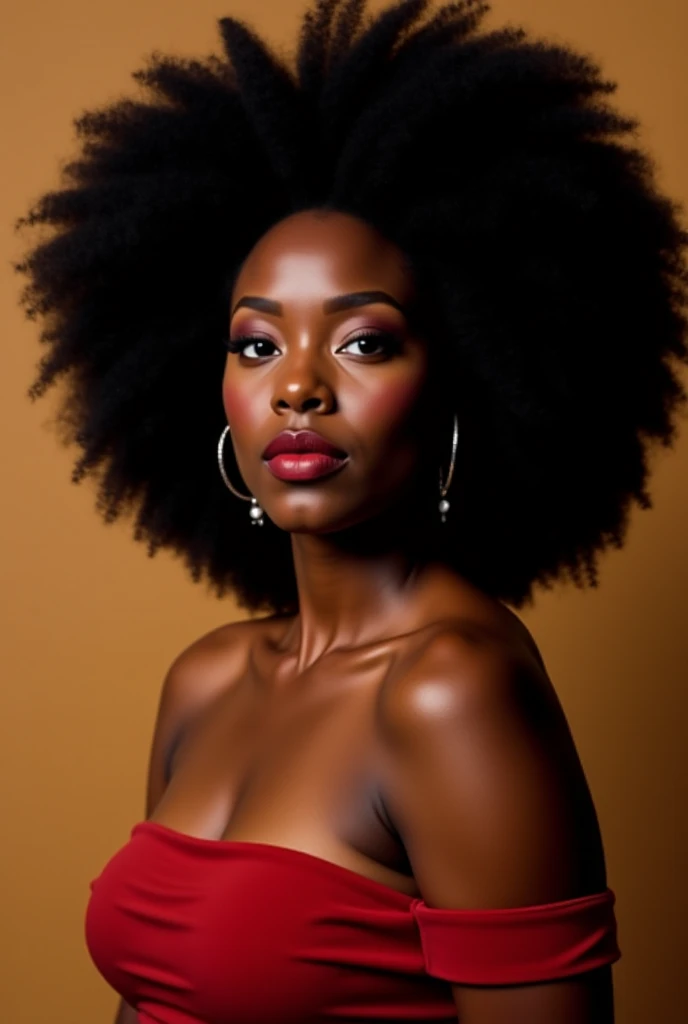 Create a hyper-realistic photo of a (((black woman))) with black hair, shown from the bust up, with her entire upper body fully visible within the frame. Her hair should be extremely voluminous, well-groomed and perfectly styled, emphasizing her fullness and health. Make sure the woman is portrayed with a clear and natural expression. The background should be (((completely black))), such as a studio backdrop or transparent, with no details or distractions, just a smooth white surface. Use soft, flattering lighting to highlight the texture and shine of her hair and skin. The photo should be ultra-photorealistic, crystal clear, 8K UHD, with fine detail and a high-quality polished finish. Make sure the entire image is sharp and in focus, with no blur or softness. Use the lens wide open for maximum sharpness and ensure that every detail in the image is perfectly clear and in focus.