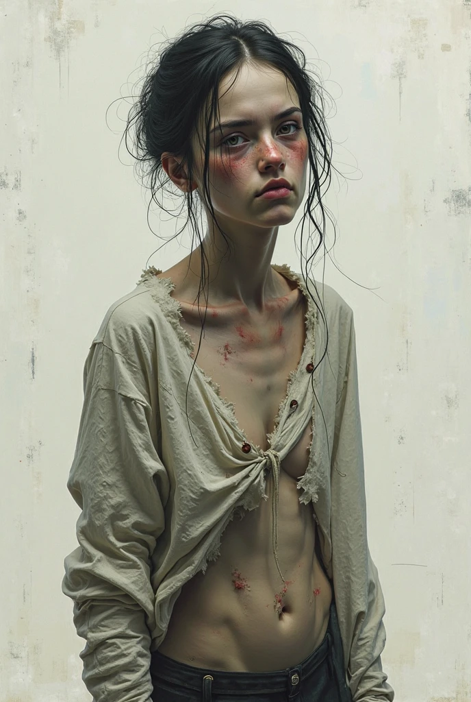 two very thin young nude teenager who looks anorexic gazing sadly into the camera lens. The scene show the entire body of the teenager. Moaning face. the girl's body is similar to that of a pubescent. gagged.with a crucifix around his neck. she is squatting with spread legs.