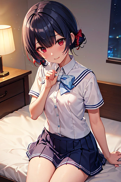 Beautiful illustration、top-quality、14 year old girl with black ponytail and medium hair tied with pink elastic. Her stature is small. Her eyes are dark purple、on the beds、(((Dark blue pleated skirt)))、(((a sailor suit)))、shortsleeves、(((Small)))、Flipping up the skirt with your hands、Knee sock feet、on the beds、lovely thighs、glowing thigh