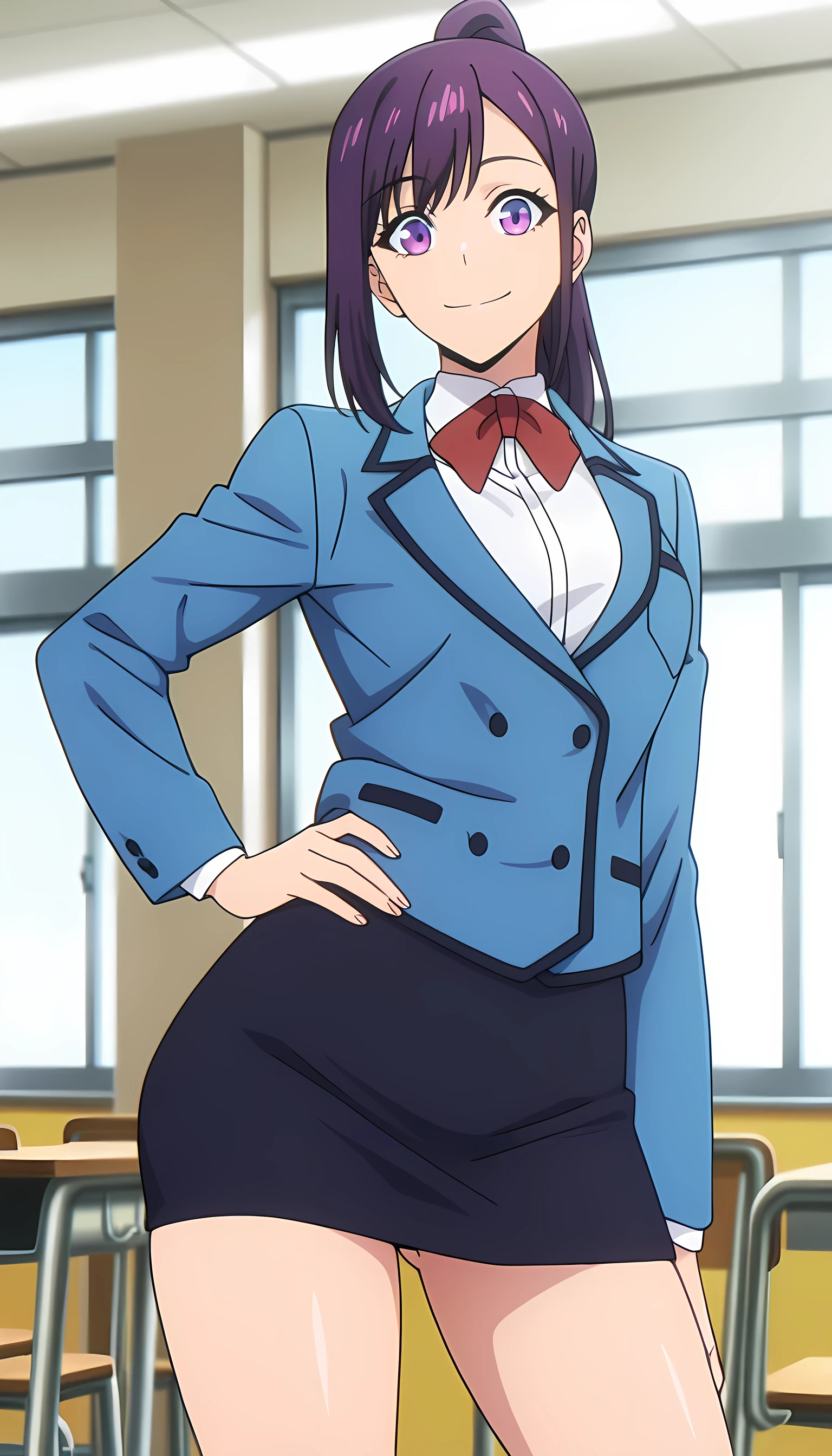 anime screencap, masterpiece, best quality,
1girl, solo, closed mouth, smile,
purple hair, purple eyes, high ponytail,
JinahSchool, blazer, blue jacket, buttons, red bowtie, collared shirt, white shirt, pencil skirt, black skirt,
hand on own hip, arm at side, contrapposto, looking at the viewer, no panties, wide , nice pumped up , juicy thighs, beautiful  legs,
indoors, classroom