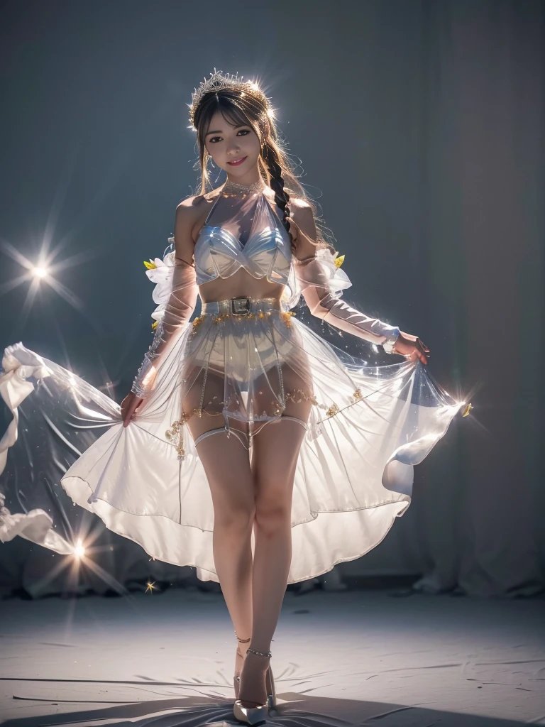 Photo-realistic quality、A Japanese idol performing belly dancing on stage in a sheer dress,Wearing a belly dance costume, She is dressed as a belly dancer, gracefully belly dance pose, Full Body Shot, Beautiful skinny Japanese model、the waist is thin and constricted,、Detailed and beautiful eyes、Cute smile、A soft and gentle look、looking at the camera、Dancing alone on stage