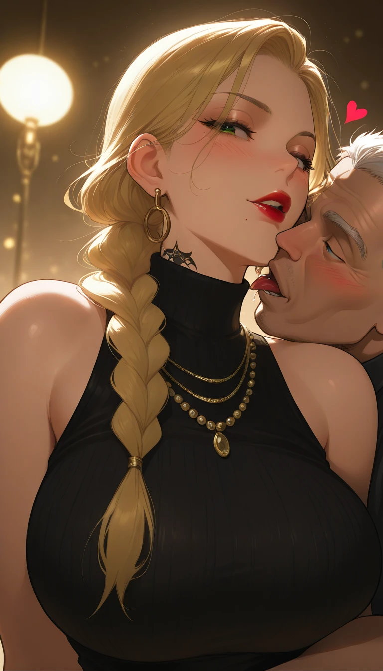 score_9, score_8_up, score_7_up, score_6_up, score_5_up, score_4_up, (anna frozen, long twin braids, black tight pants), shy, blushed, cleavage, big breast,standing, (((old man kissing her neck, grab her breast))), indoor, view from above