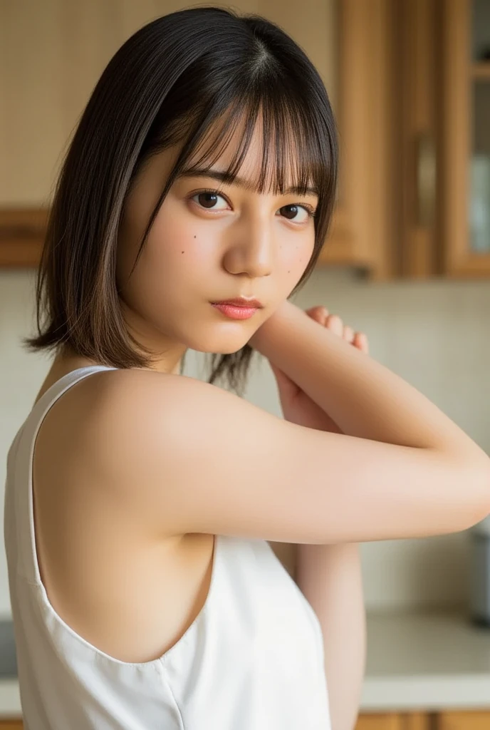 "(highest quality,8K,High resolution,masterpiece:1.2),Super detailed,(realistic,photorealistic,photo-realistic:1.37),soft focus,18-year-old,beautiful and detailed face,Detail view,renaissance art,delicate artwork,kitchen,kitchen apron,teenage girl,seductive lingerie,Gentle milk dripping onto my chest, Bright colors,studio lighting"